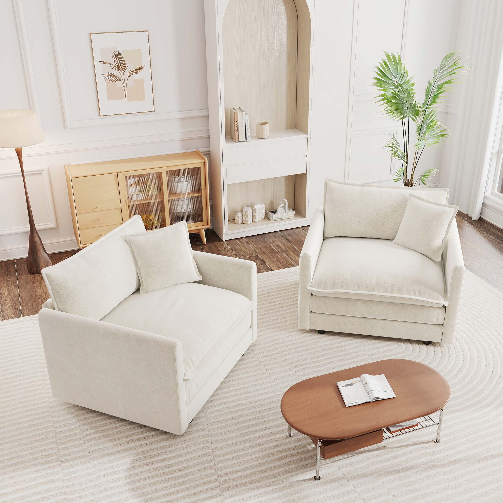 Accent Chair Set Of 2, High-end Chenille Upholstered Armchairs, Living Room Side Chairs With Toss Pillow, White