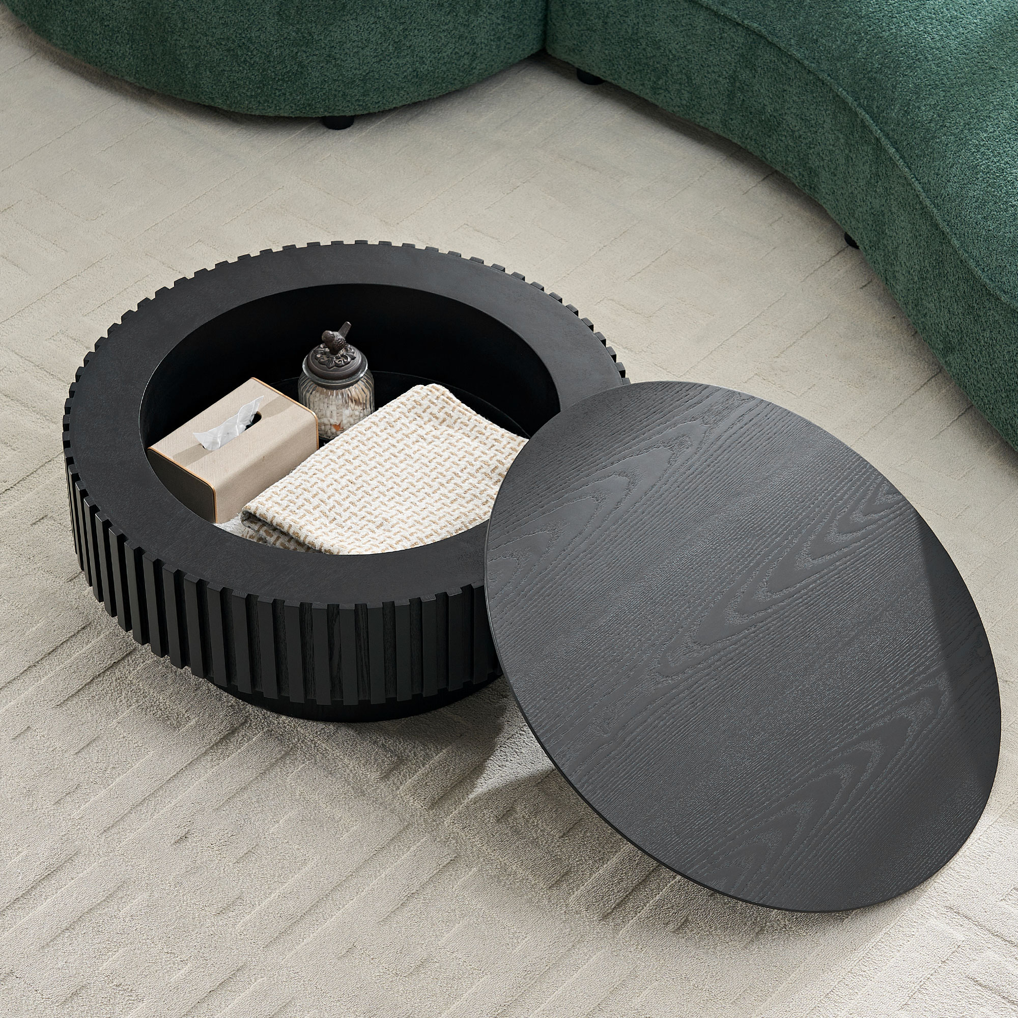 31.49 Nesting Round Wood Coffee Table With Storage For Apartment, Modern Living Room Coffee Table With Sturdy Pedestal ,BLACK