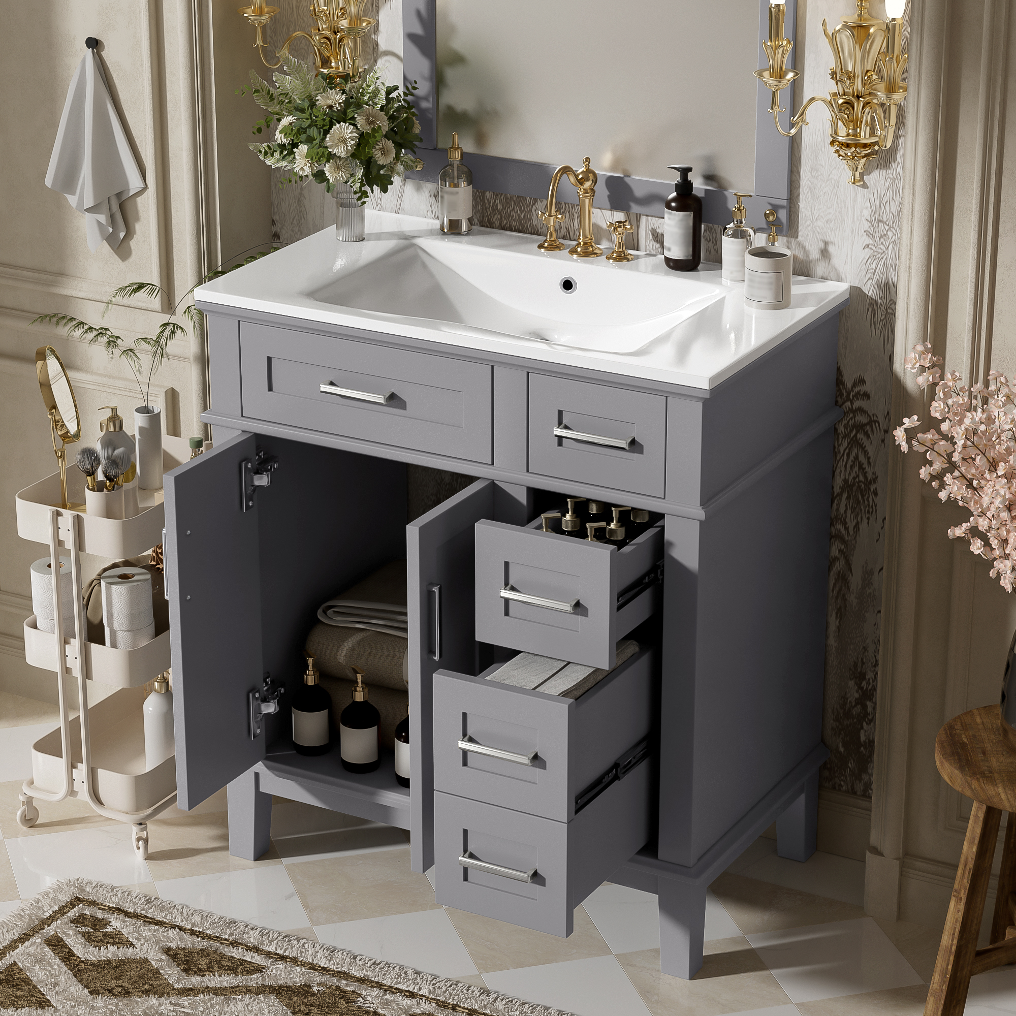 30  Bathroom Vanity With Ceramic Sink, Modern Storage Cabinet With Soft-Close Doors, Deep Drawer & Standard Drawer, Stylish Bath Vanity For Small Bathrooms