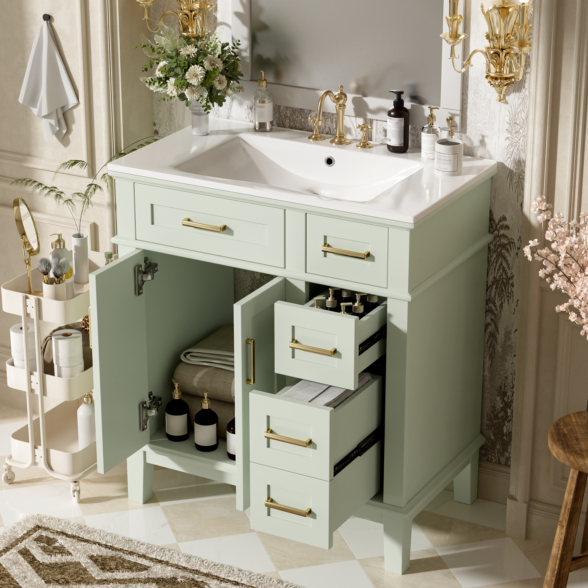 30  Bathroom Vanity With Ceramic Sink, Modern Storage Cabinet With Soft-Close Doors, Deep Drawer & Standard Drawer, Stylish Bath Vanity For Small Bathrooms