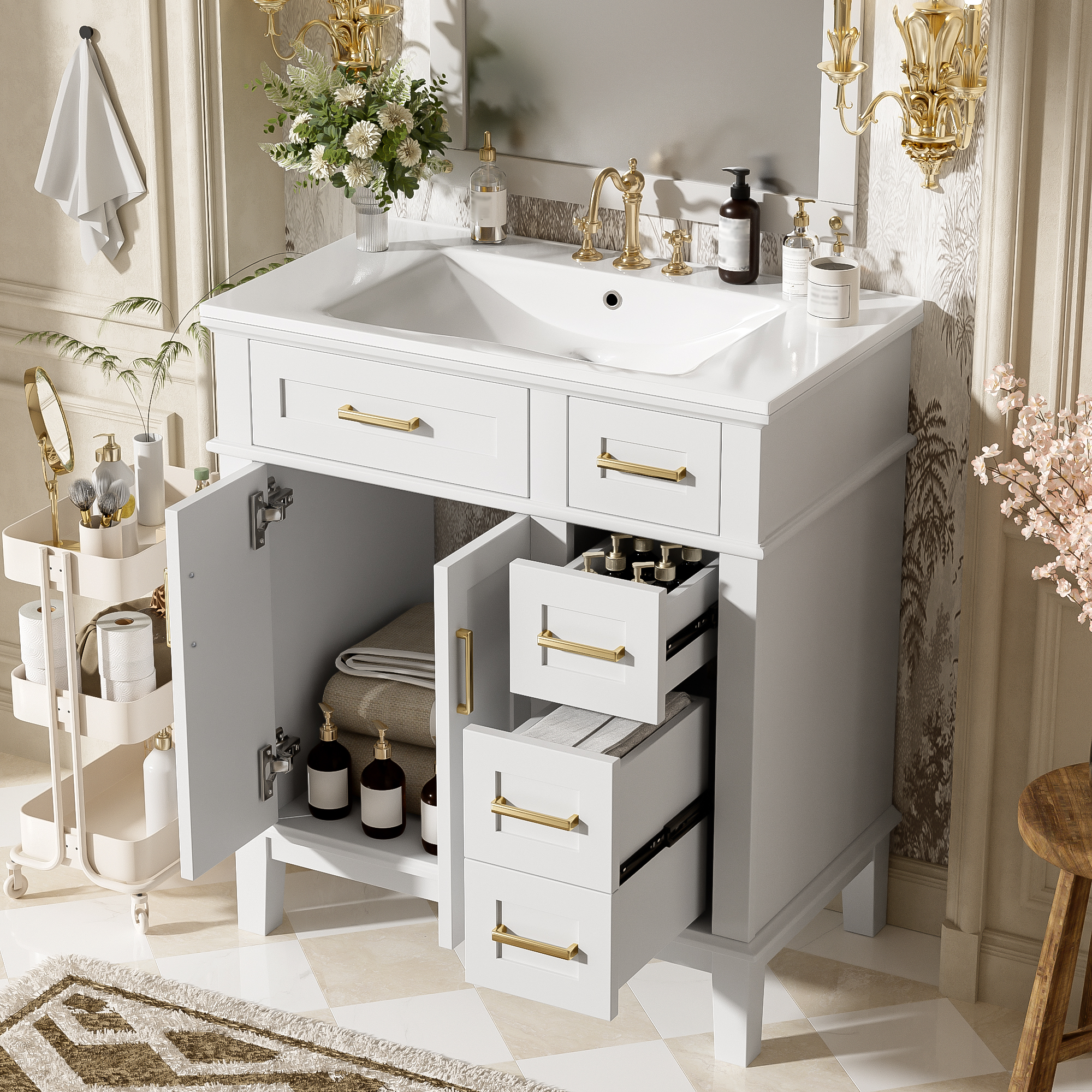 30  Bathroom Vanity With Ceramic Sink, Modern Storage Cabinet With Soft-Close Doors, Deep Drawer & Standard Drawer, Stylish Bath Vanity For Small Bathrooms Old SKU N729P276610K