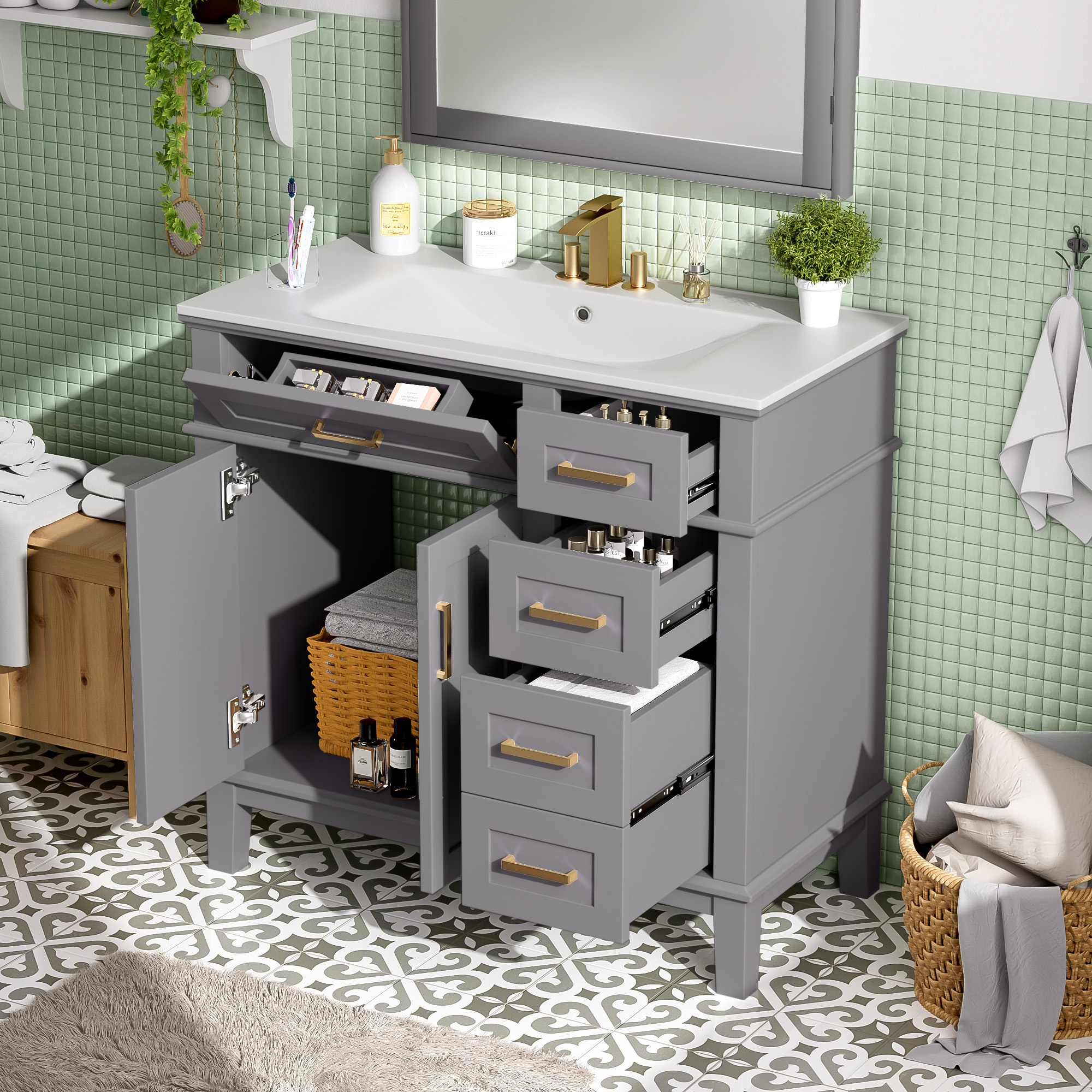 36 Gray Modern Bathroom Vanity With Ceramic Sink, Soft-Close Door, And 4 Storage Drawers ,offering A Refined Look With Practical Everyday Functionality. Old SKU N729P253935E