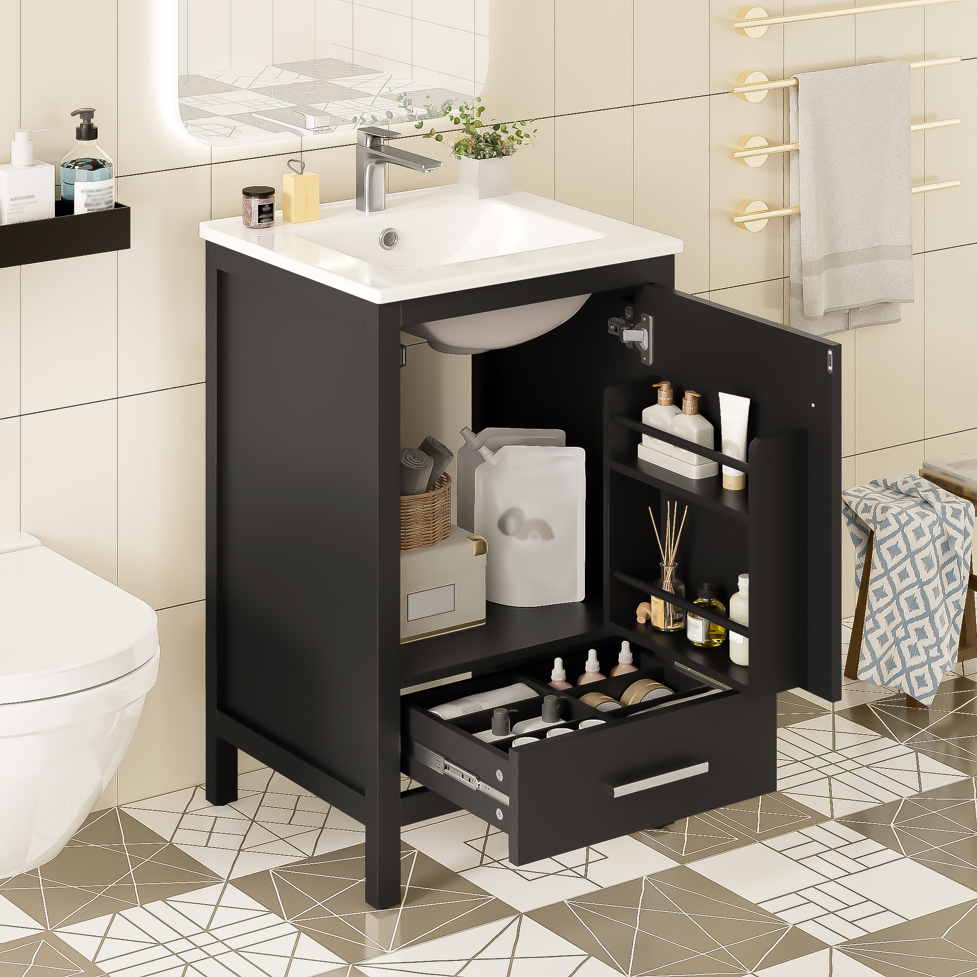 20-Inch Modern Bathroom Vanity With Ceramic Sink, Soft-Close Drawer & Door, Double-Layer Door Organizer, Divider Drawer, Adjustable Foot Pads -Space-Saving Storage Design