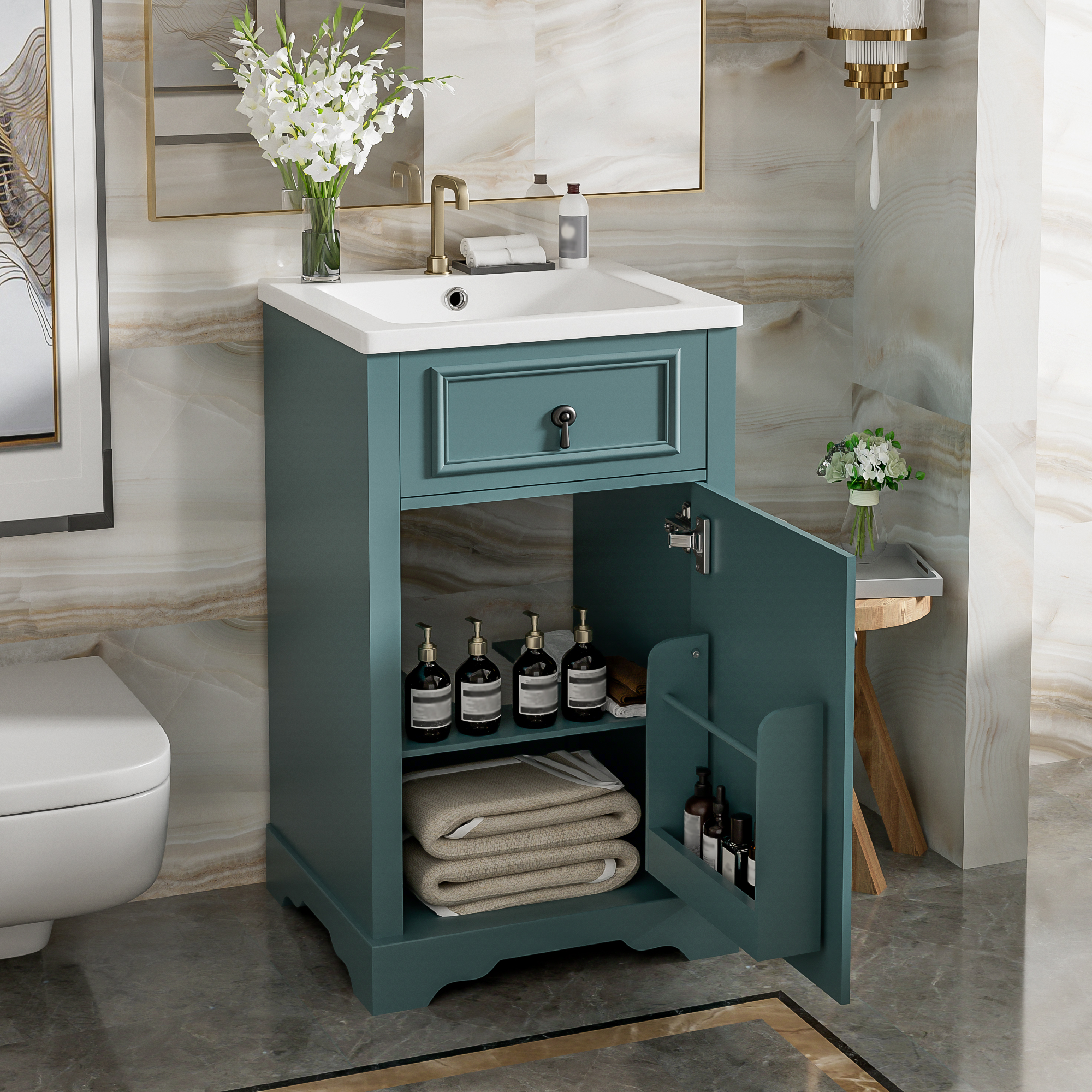 20-Inch Bathroom Vanity With Ceramic Sink, Soft Close Door, Adjustable Shelf, And Door-Mounted Storage Rack - Ideal For Small Bathrooms