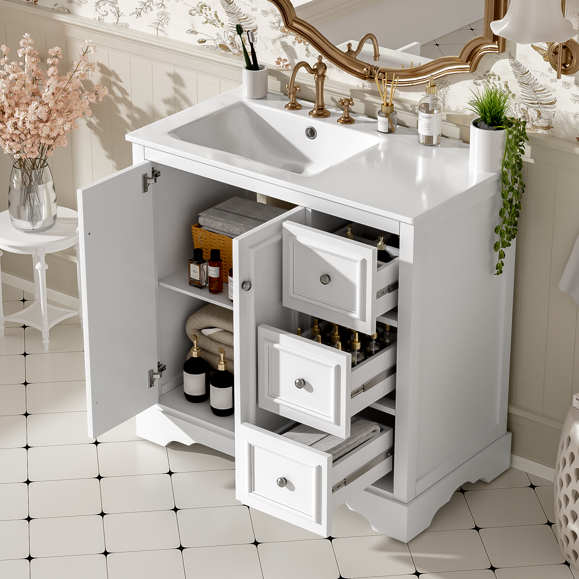 36'' Transitional Bathroom Vanity With Ceramic Sink -Features 2 Soft-close Doors, An Adjustable U-shaped Shelf, 3 Drawers Including One With Divider , Painted Finish, And Ample Storage Space
