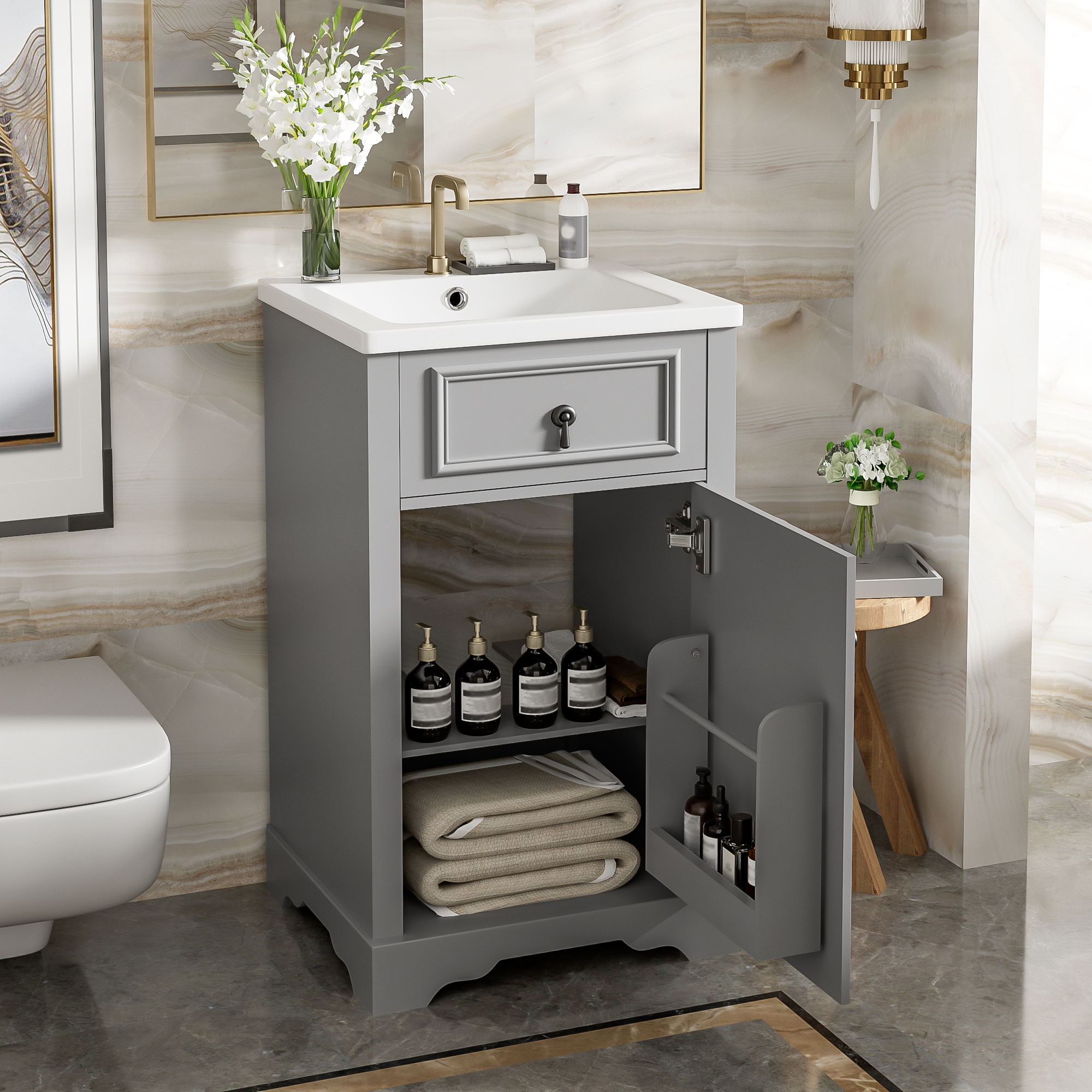 20-Inch Bathroom Vanity With Ceramic Sink, Soft Close Door, Adjustable Shelf, And Door-Mounted Storage Rack - Ideal For Small Bathrooms