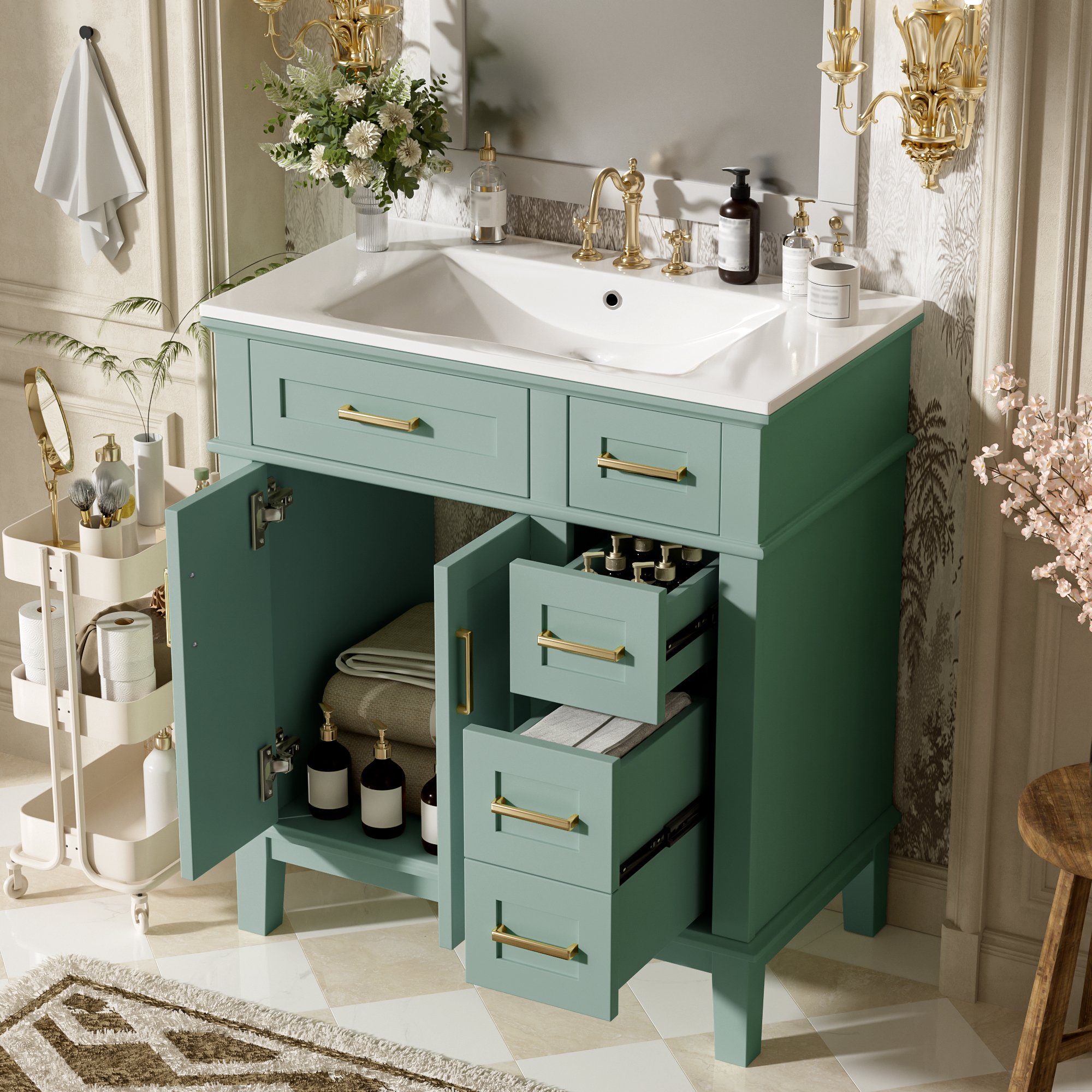 30  Bathroom Vanity With Ceramic Sink, Modern Storage Cabinet With Soft-Close Doors, Deep Drawer & Standard Drawer, Stylish Bath Vanity For Small Bathrooms Old SKU N729P276610F