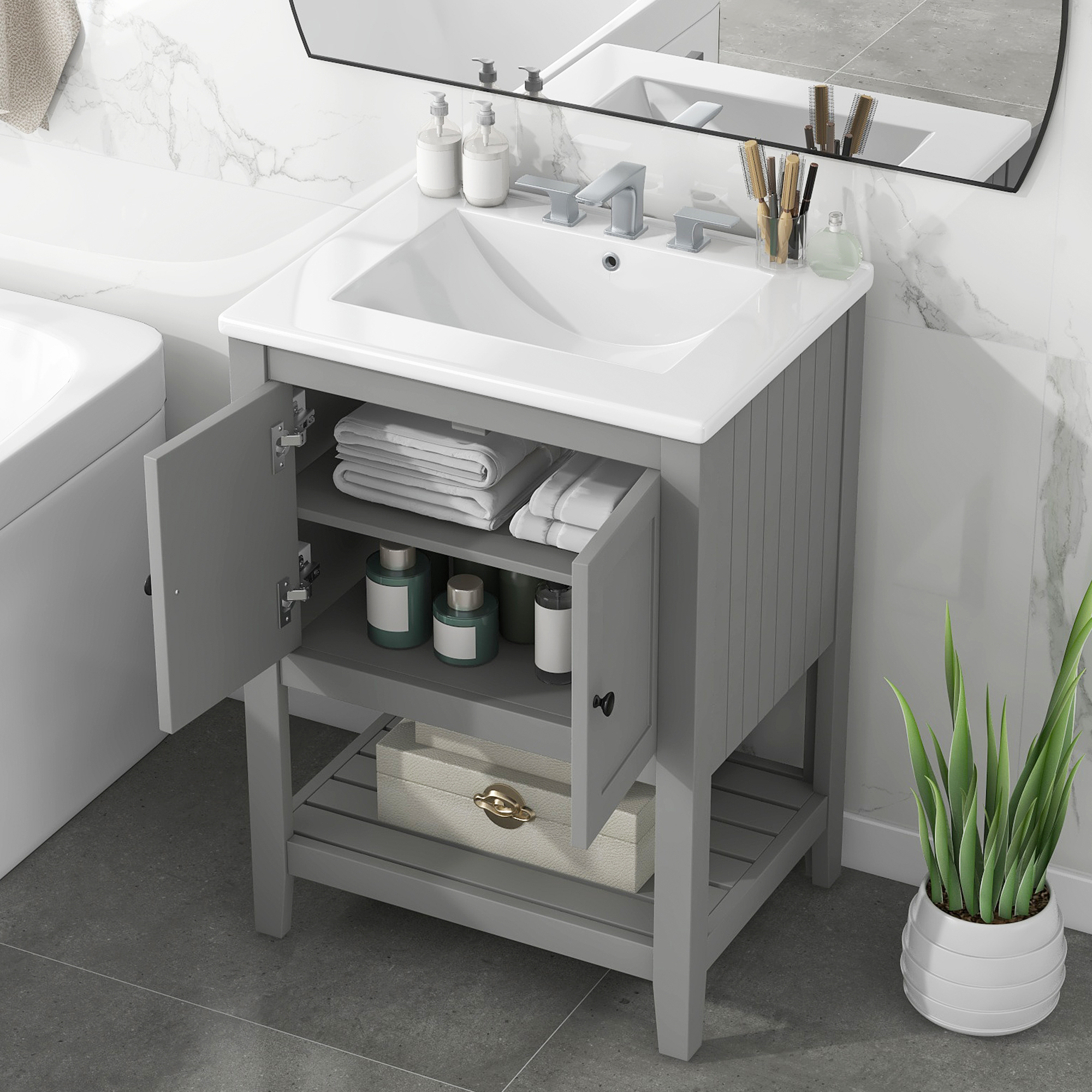 24 Grey Modern Sleek Bathroom Vanity Elegant Ceramic Sink With Solid Wood Frame Open Style Shelf
