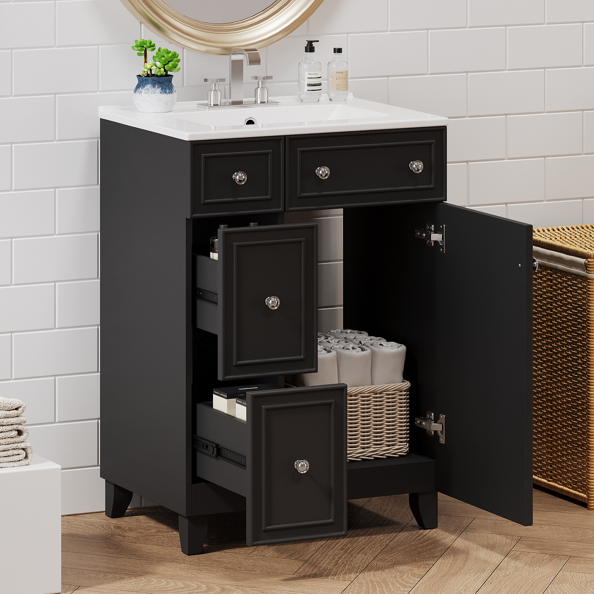 24-Inch Bathroom Vanity Cabinet With Ceramic Sink, 2 Drawers, 1 Door