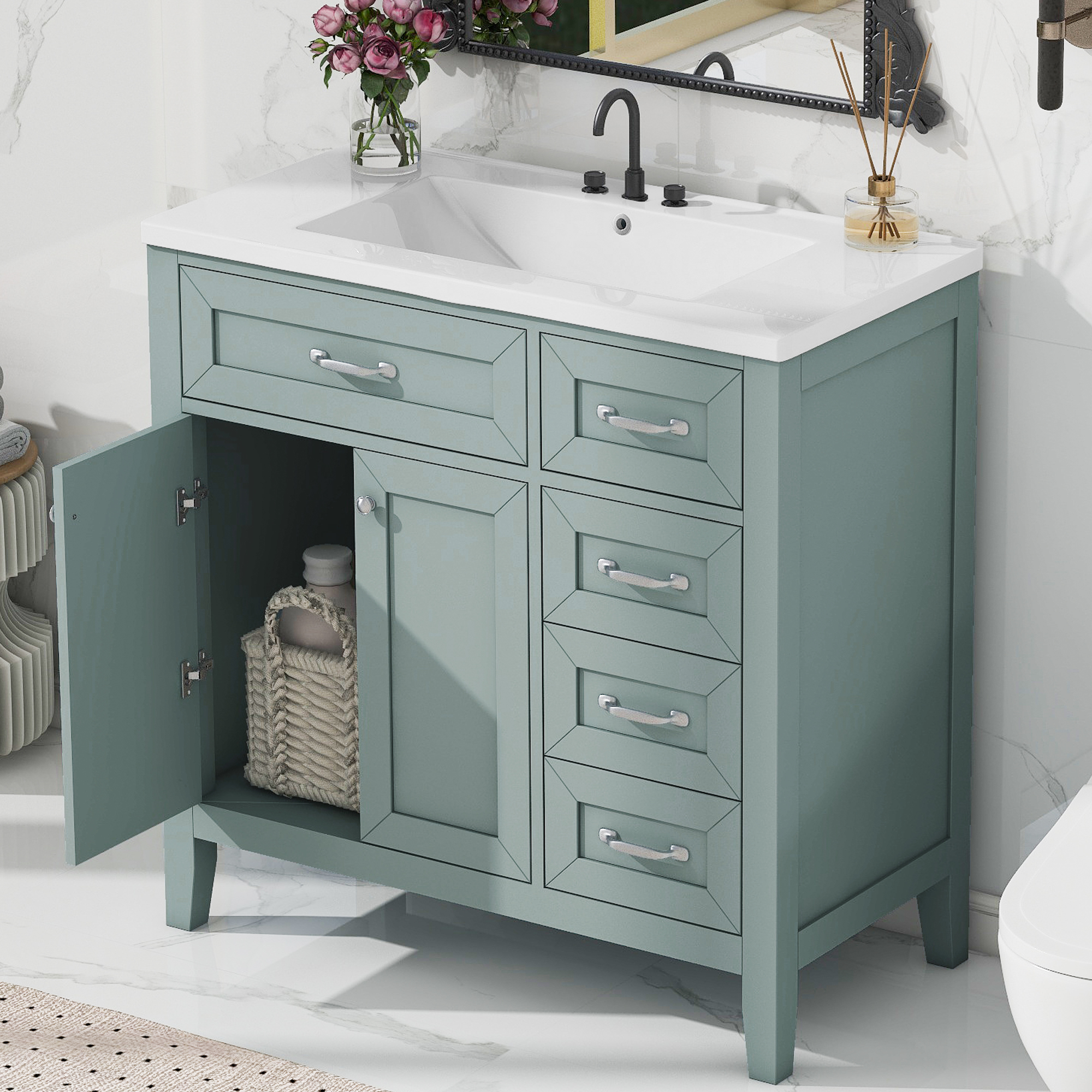 36 Bathroom Vanity With Sink Combo, Green Bathroom Cabinet With Drawers, Solid Frame And MDF Board Old