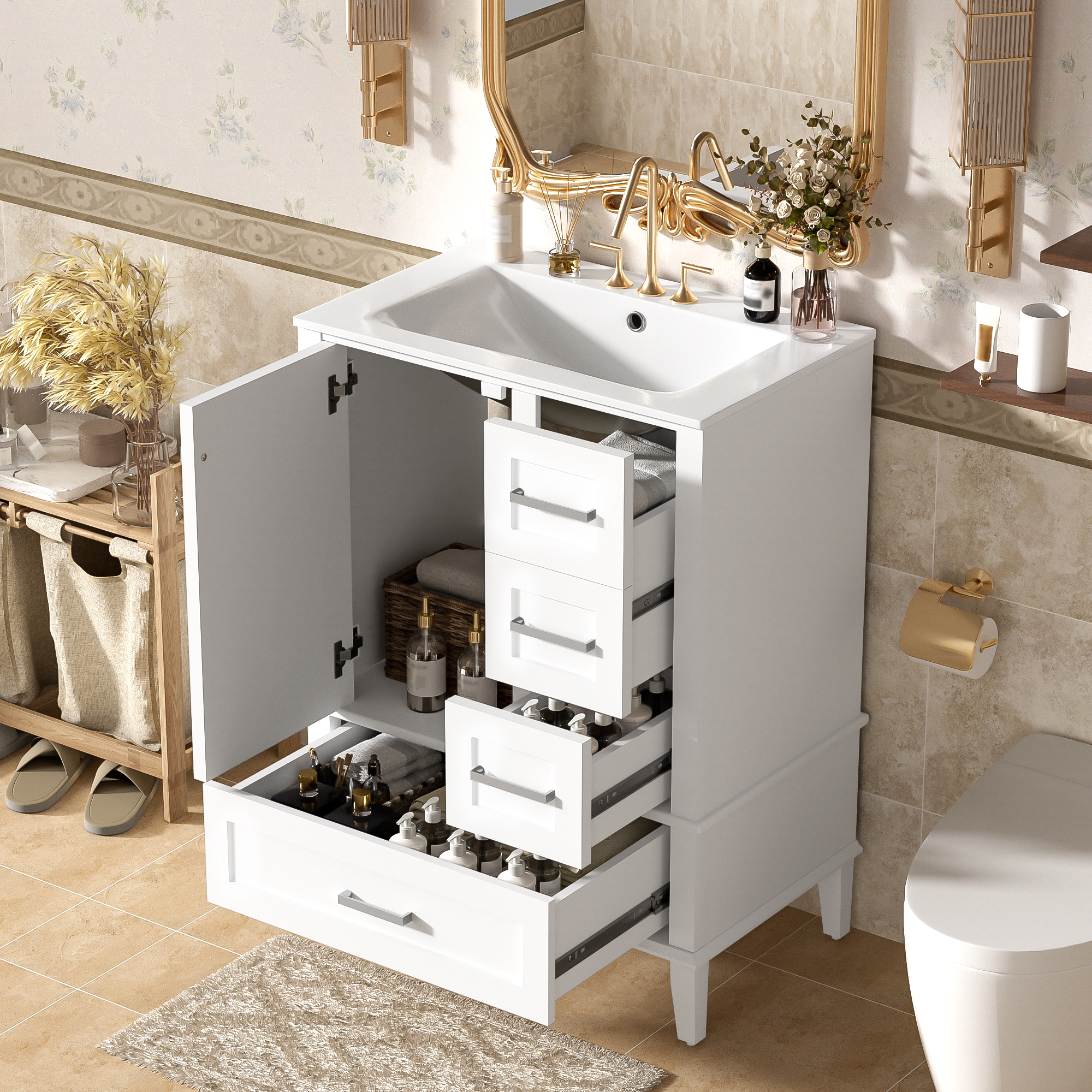24.8  Bathroom Vanity With Ceramic Sink, Modern Freestanding Cabinet Featuring Soft-Close Door, Deep Drawer, Shallow Drawer & Wide Drawer For Space-Saving Storage