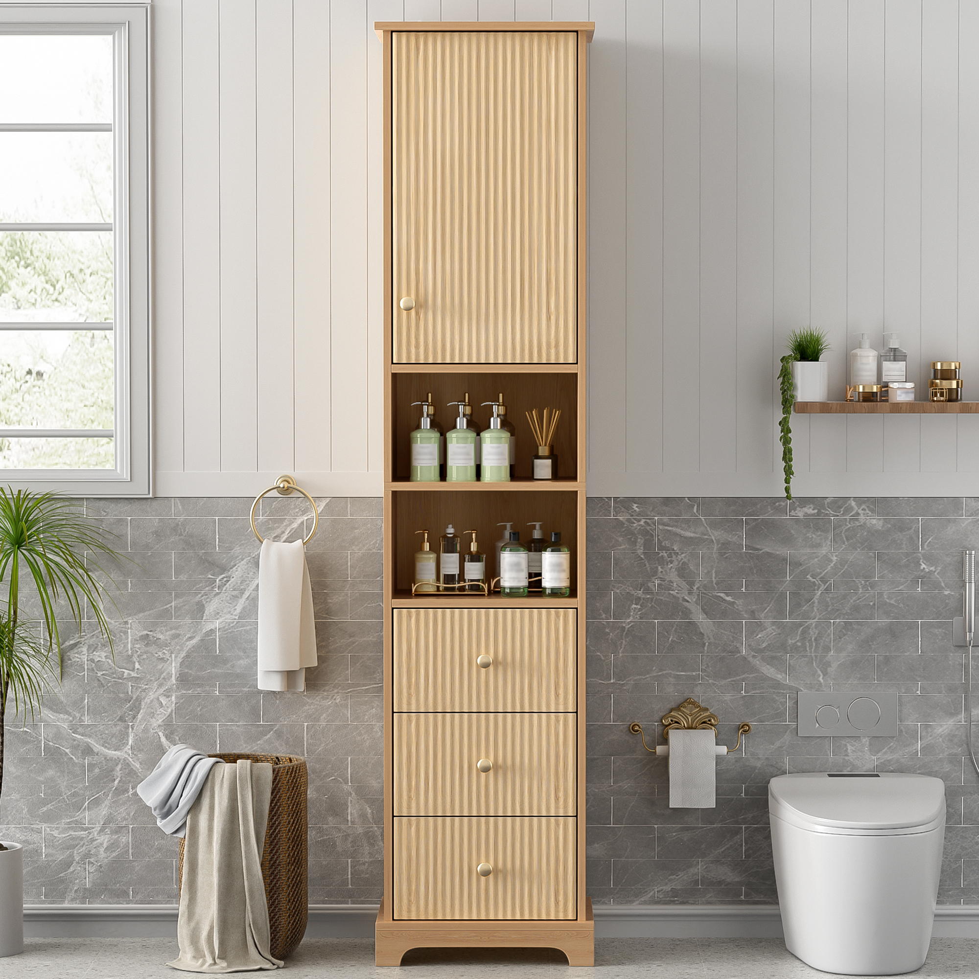 67.7  Tall Freestanding Bathroom Cabinet, Traditional American Style, 1 Door With Adjustable Shelf, 3 Drawers, Open Storage, Gold Metal Handles, Damping Hinges, Space-Saving Design