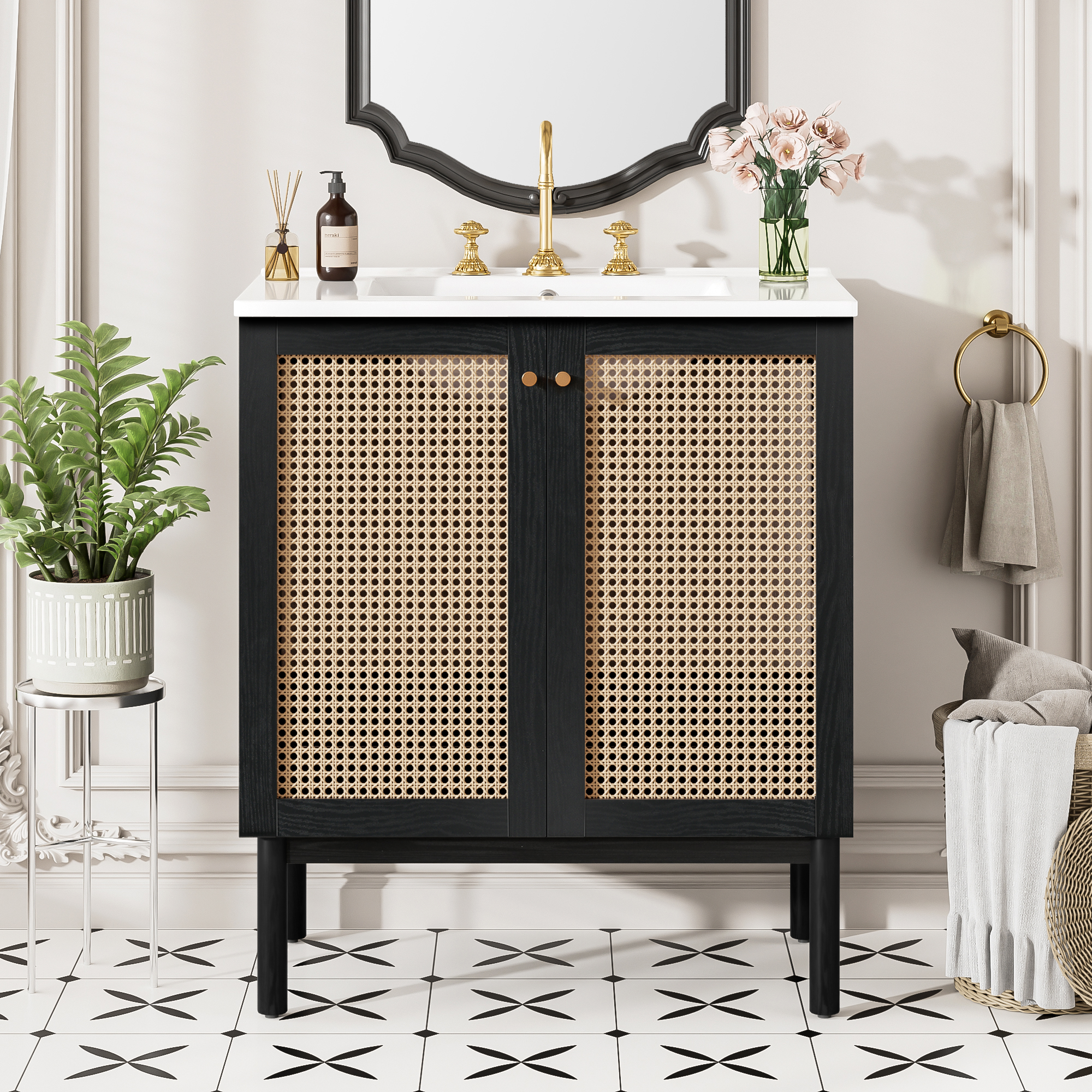 30-inch Bathroom Vanity Crafted From Natural Materials, Featuring Handmade Rattan Doors And Soft-closing Mechanisms