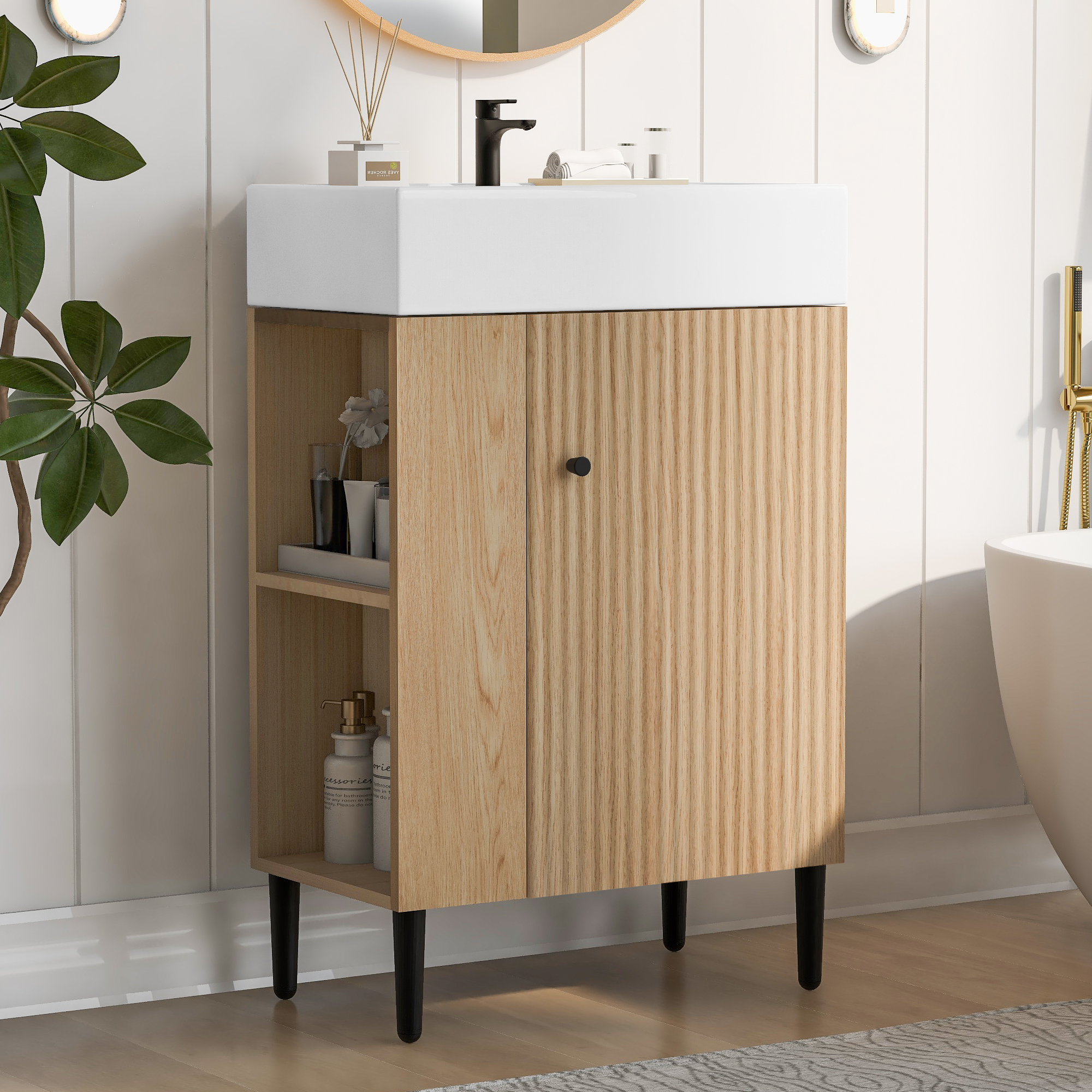 21.6 Wood Bathroom Vanity, Combo Cabinet, Bathroom Storage Cabinet, Single Ceramic Sink, Left Side Storage