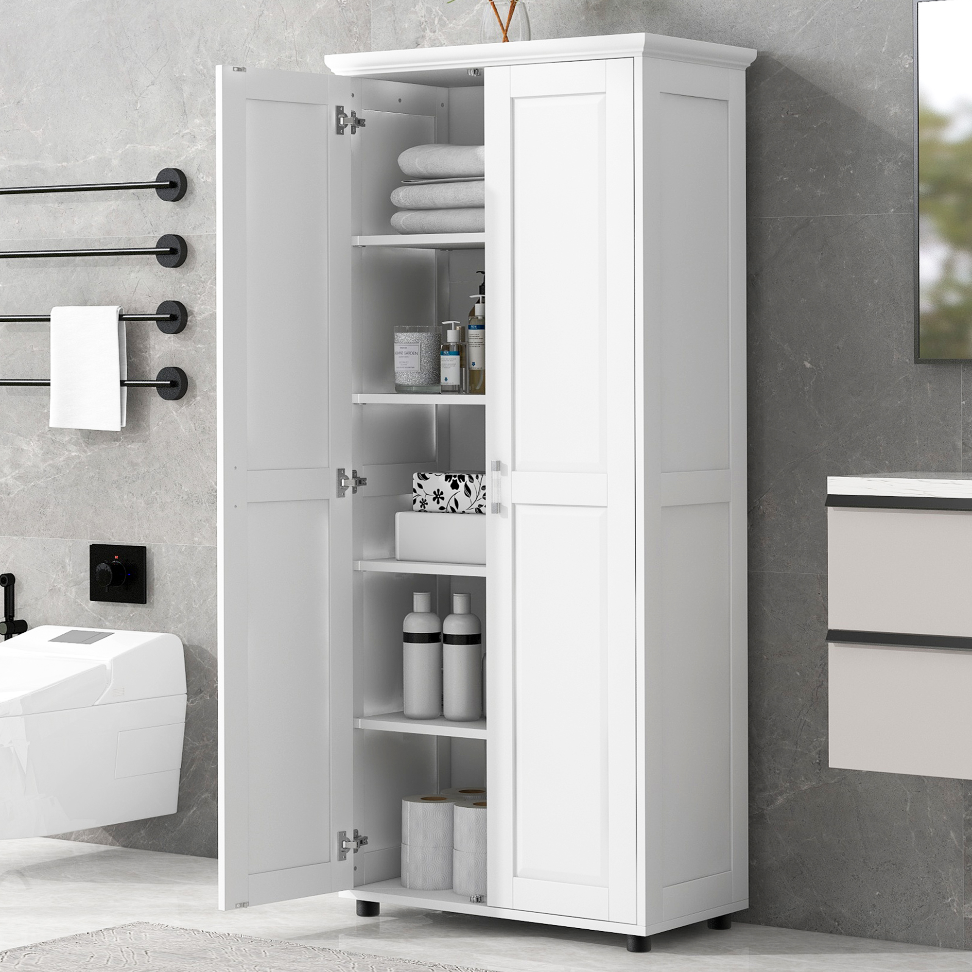 Storage Cabinet With Two Doors For Bathroom, Office, Adjustable Shelf, MDF Board, White