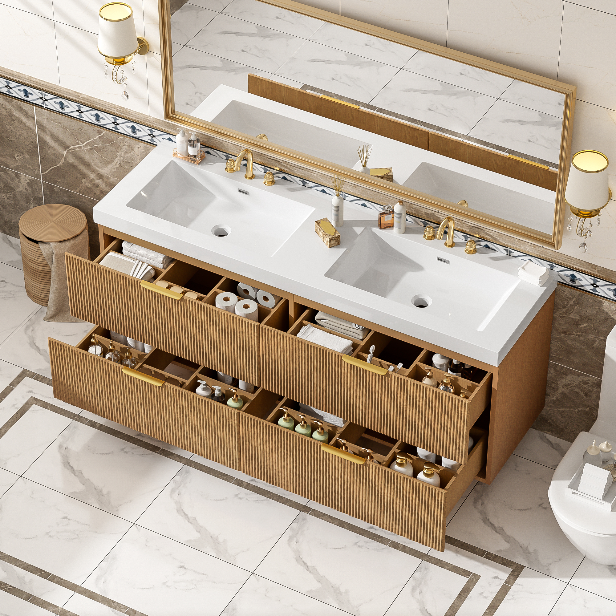 59.3 Inch Double Sink Bathroom Vanity With SMC Top, Painted MDF Cabinet , Soft Close Drawers, Wall-Mounted Modern Storage Vanity