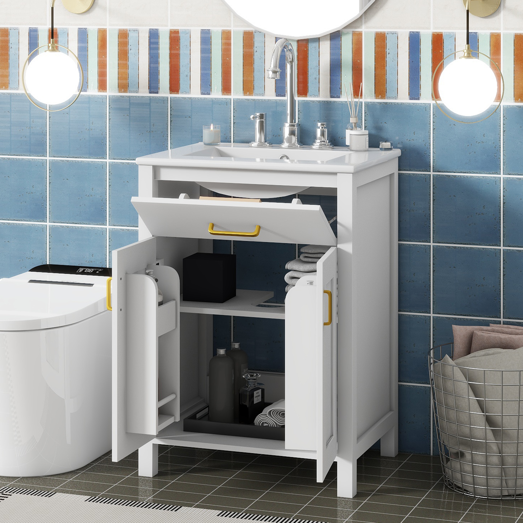 24 Bathroom Vanity Combo With Ceramic Sink, Luxurious Space-Saving Vanity - W24 XD18 XH34 Inch, 2 Soft-Close Doors