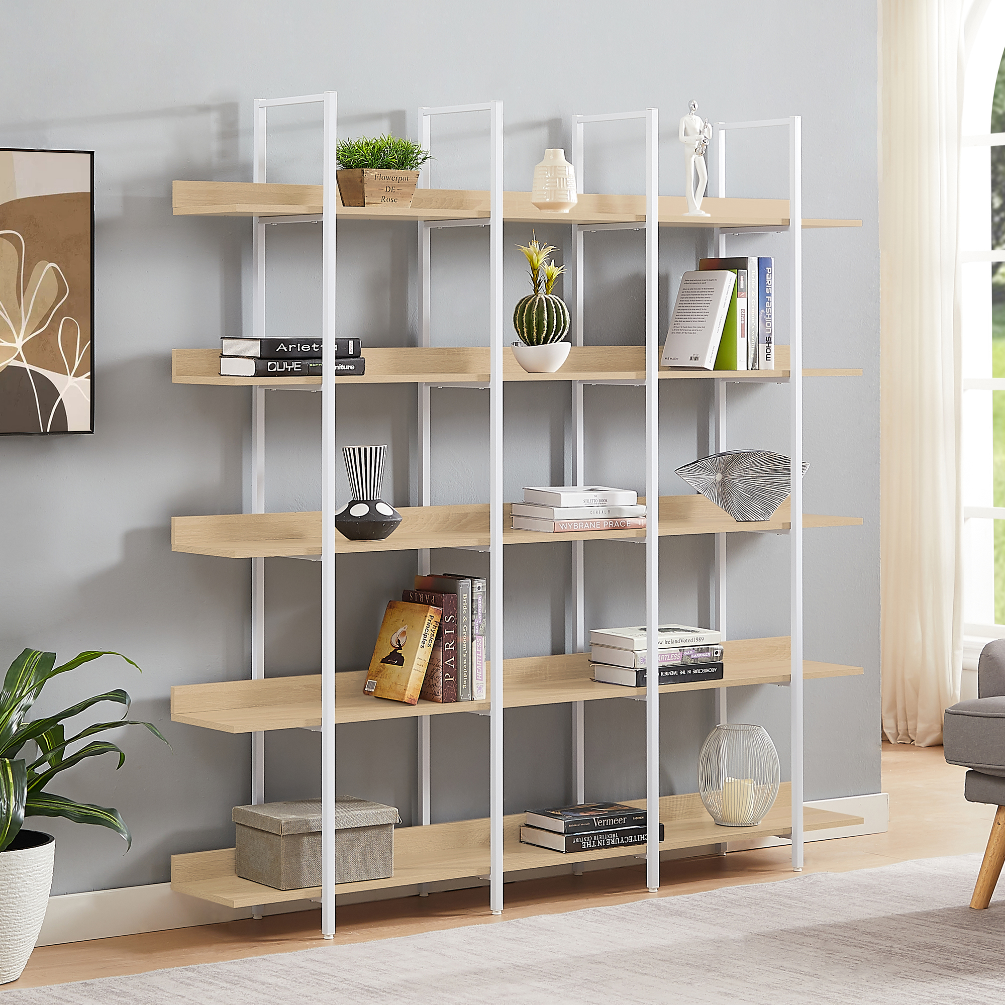 5 Tier Bookcase Home Office Open Bookshelf, Vintage Industrial Style Shelf, MDF Board, White Metal Frame, Oak Old Sku WF300935AAC N725P247766C