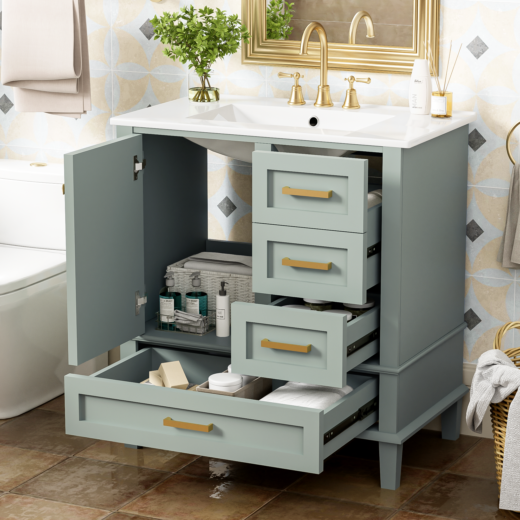 30 Bathroom Vanity , Modern Bathroom Cabinet With Sink Combo Set, Bathroom Storage Cabinet With A Soft Closing Door And 3 Drawers, Solid Wood Frame Green