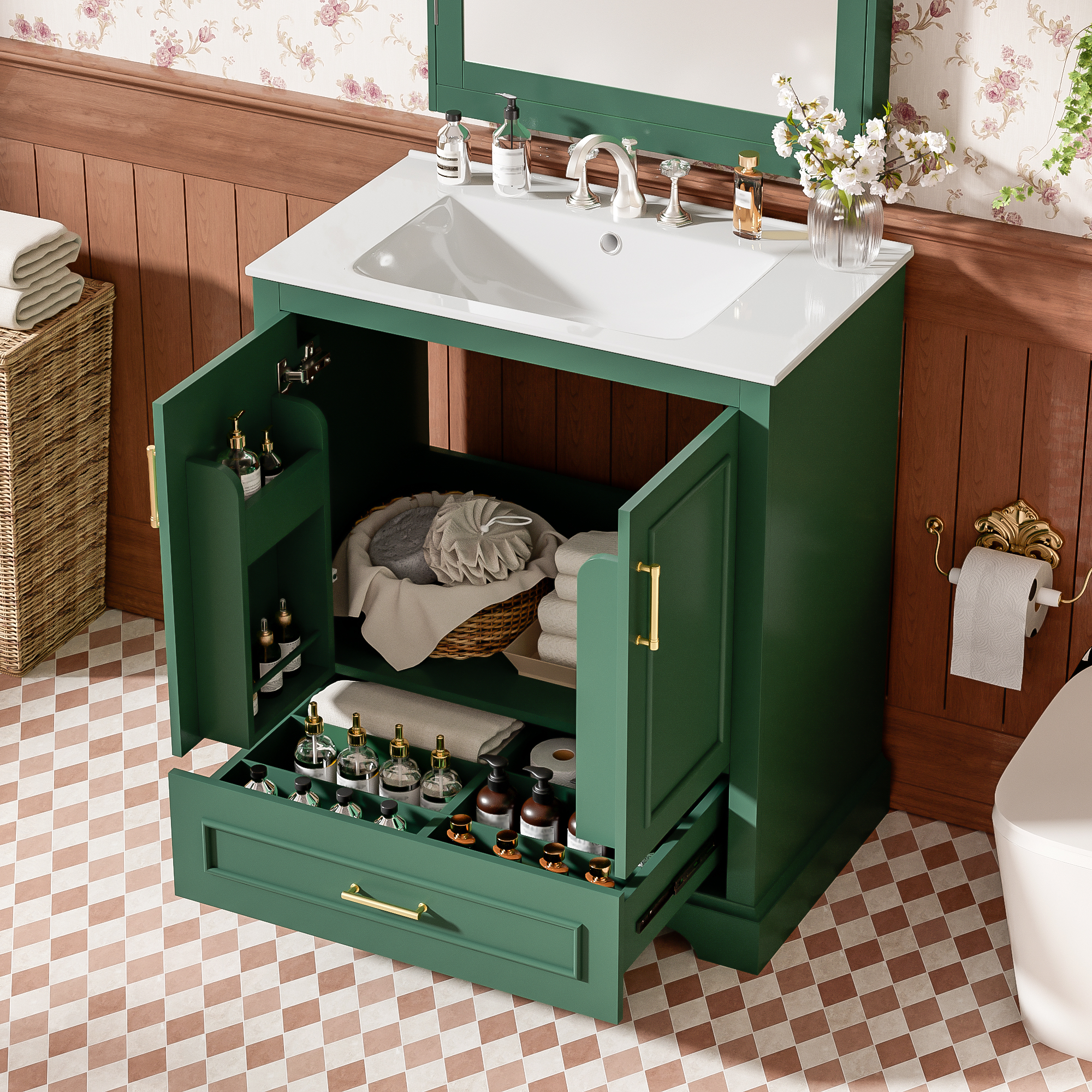 30  Bathroom Vanity With Sink, MDF And Solid Wood Frame, 1 Divider Drawer And 2 Soft-close Doors  Double Shelf On Door , Freestanding Vanity