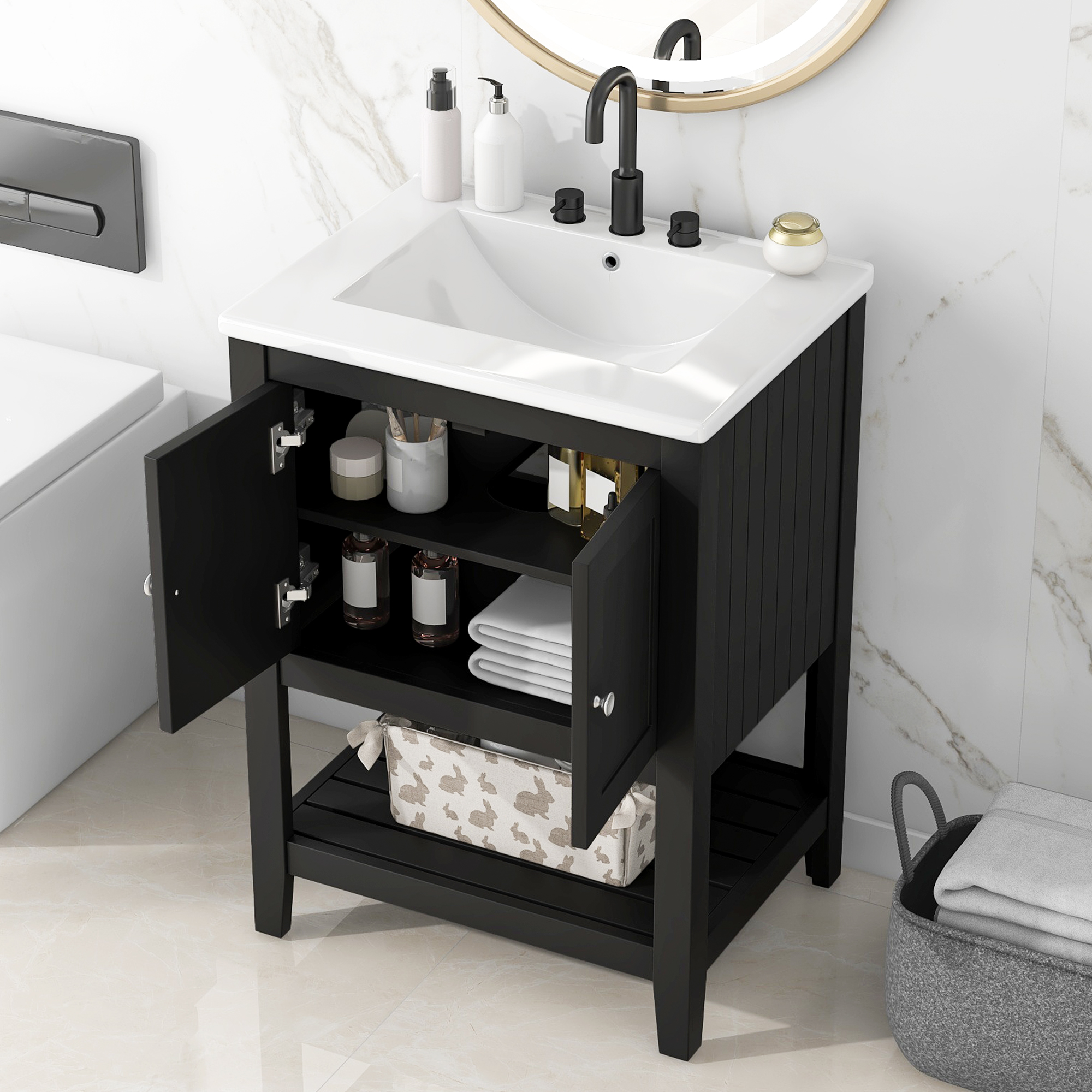 24 Black Modern Sleek Bathroom Vanity Elegant Ceramic Sink With Solid Wood Frame Open Style Shelf