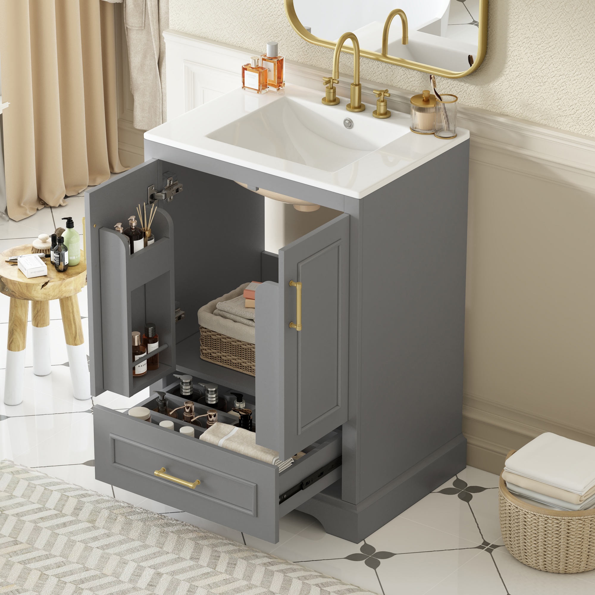 24 Bathroom Vanity With Sink, MDF Cabinet With Solid Wood Frame, 1 Divided Drawer And 2 Soft Close Doors With Double Shelf On The Door, Freestanding Vanity