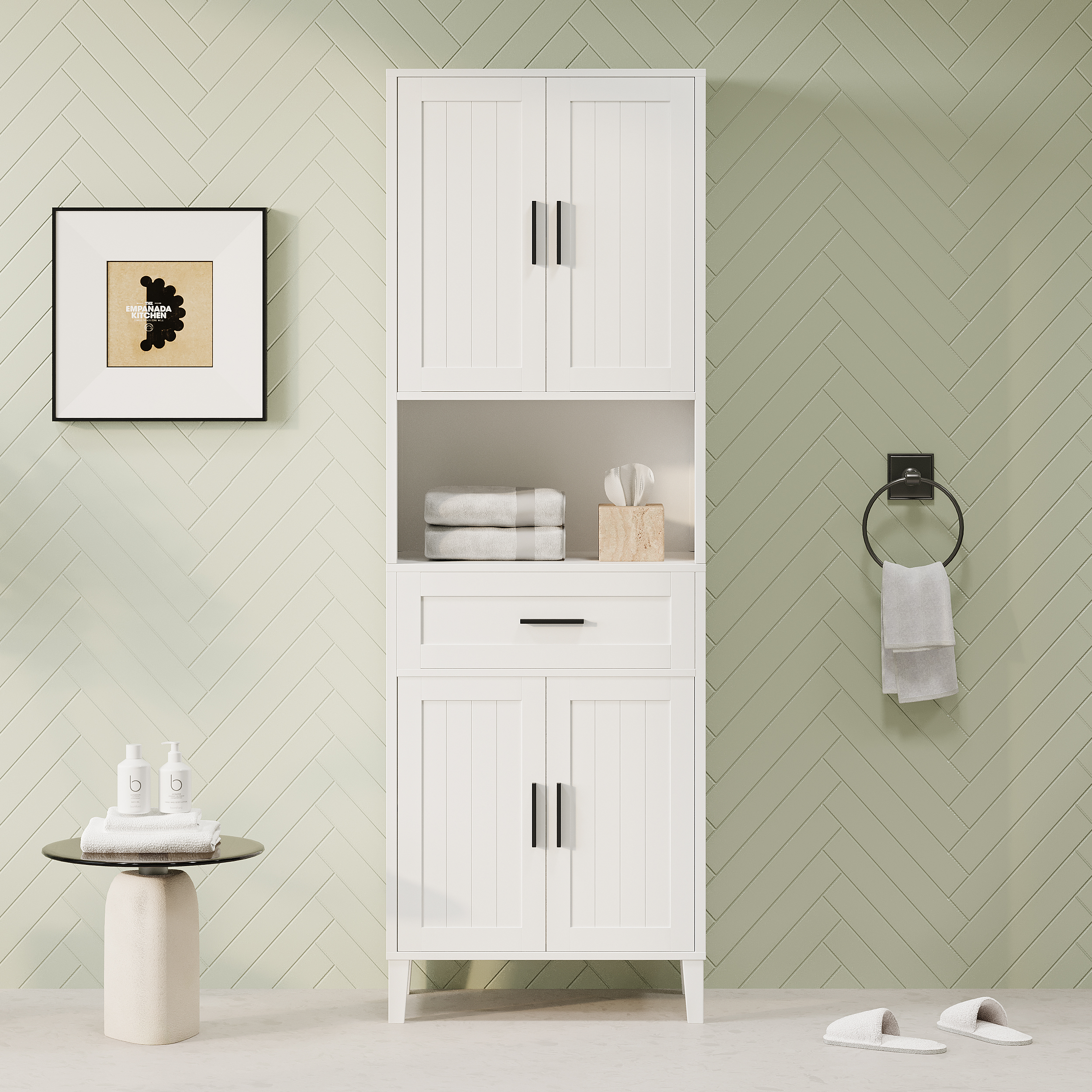 70.9  High Freestanding Tall Bathroom Cabinet With A Drawer, 2 Cabinets, 4 Soft-Close Doors, 2 Adjustable Shelves, Open Storage, For Bathroom, Living Room, Laundry Room