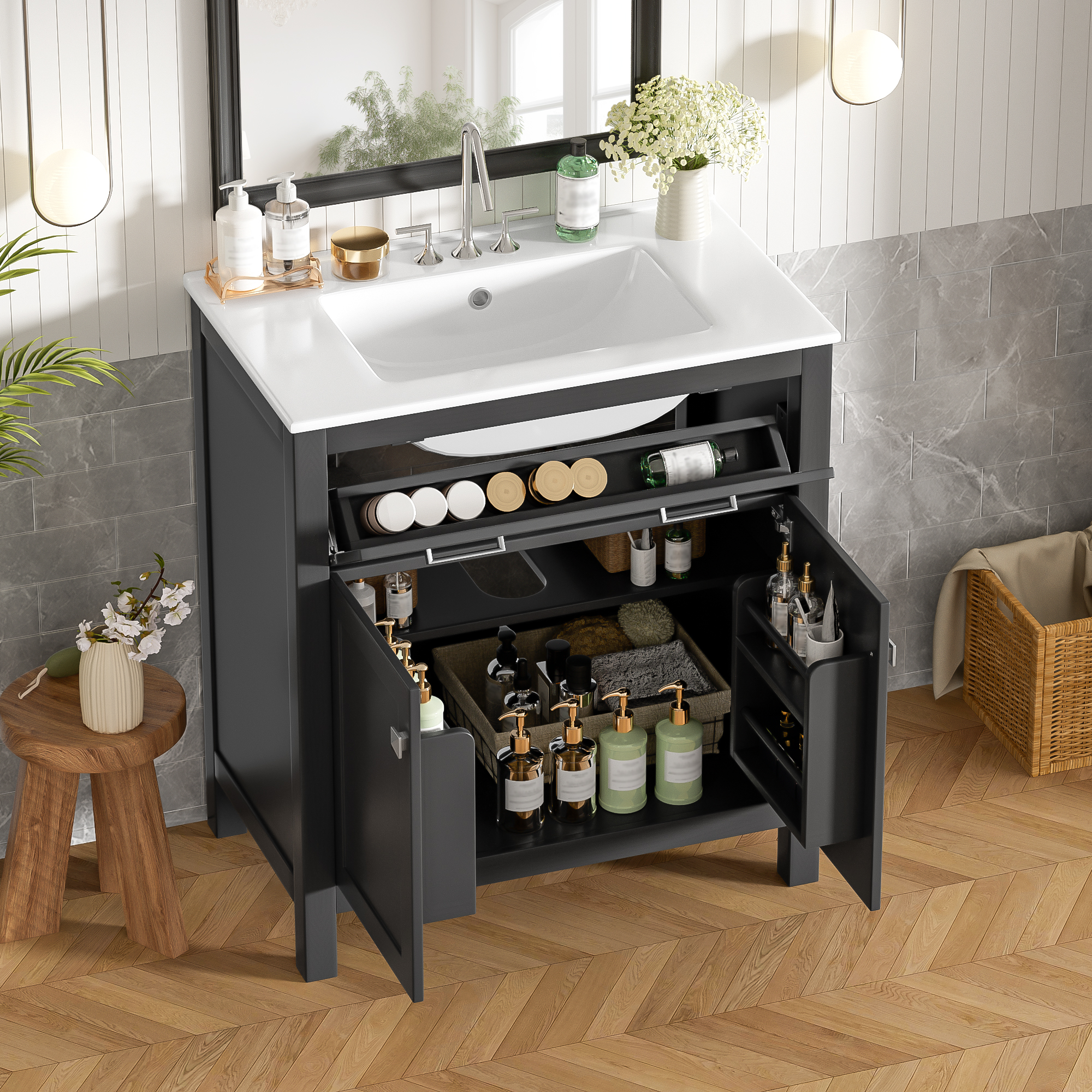 30 Bathroom Vanity With Ceramic Sink, Modern Black Single Bathroom Cabinet With 2 Doors And A Shelf, Soft Close Doors