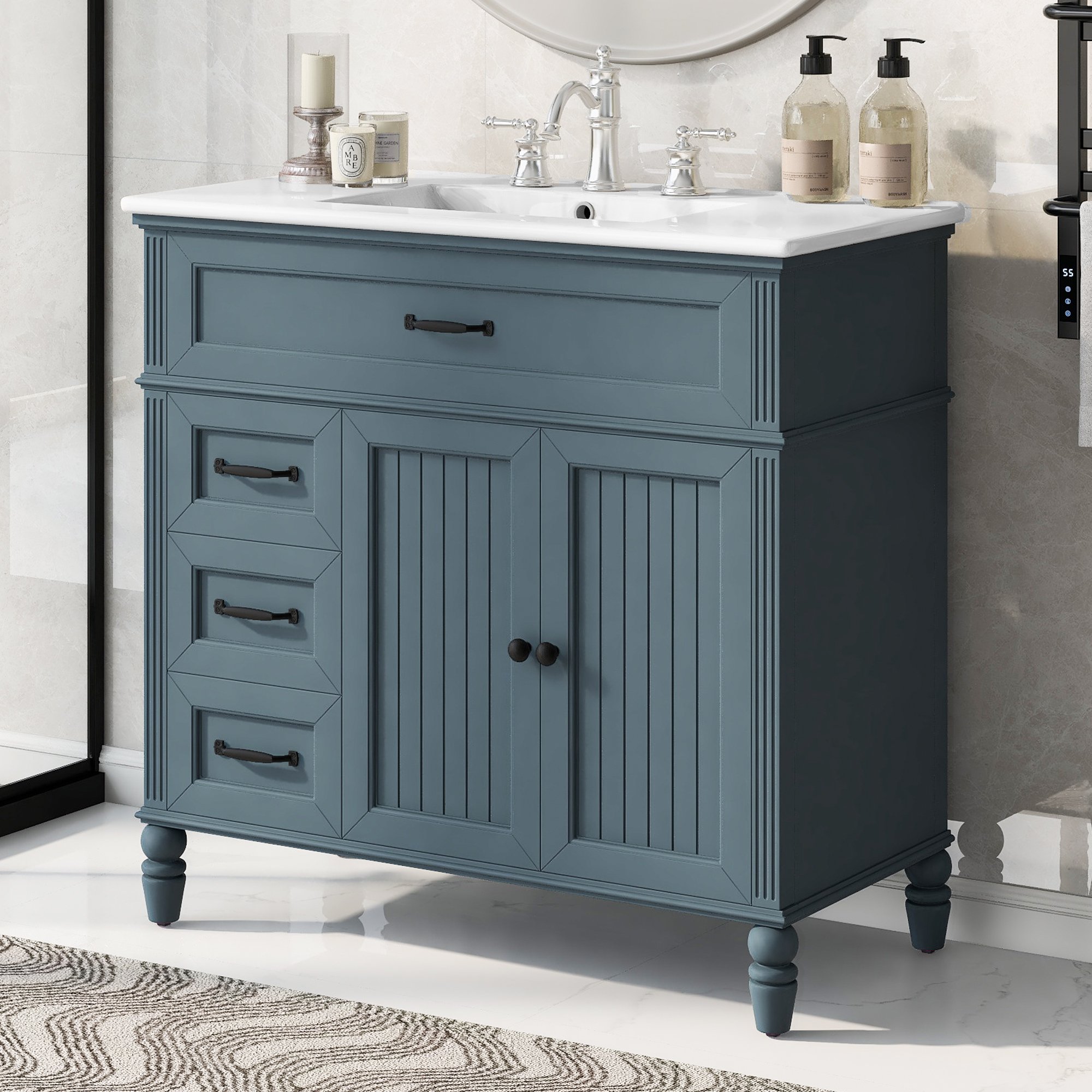 36 Bathroom Vanity With Sink, Bathroom Cabinet With Drawers, Solid Frame And MDF Board, Two Packages, Gray Blue Same