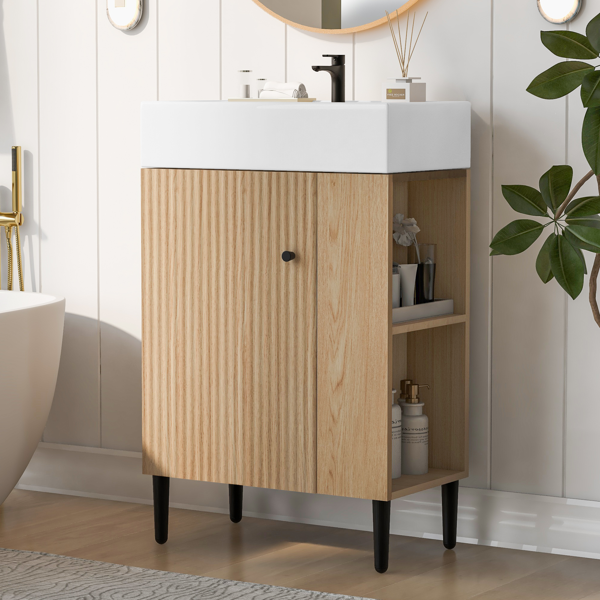 21.6 Wood Bathroom Vanity, Combo Cabinet, Bathroom Storage Cabinet, Single Ceramic Sink, Right Side Storage