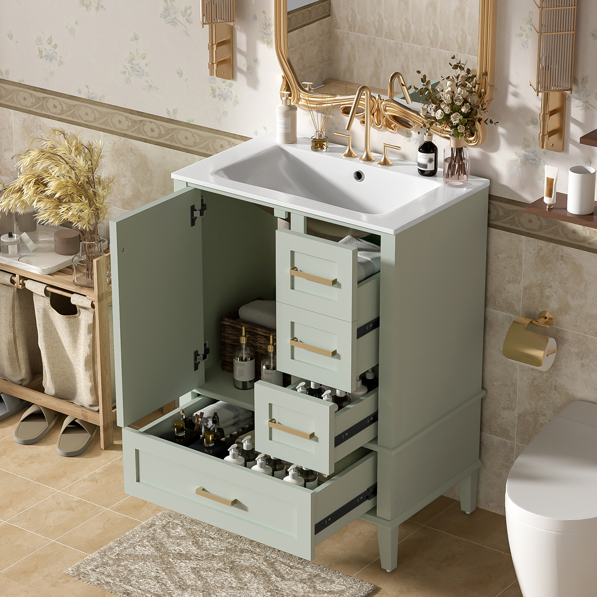 24.8  Bathroom Vanity With Ceramic Sink, Modern Freestanding Cabinet Featuring Soft-Close Door, Deep Drawer, Shallow Drawer & Wide Drawer For Space-Saving Storage
