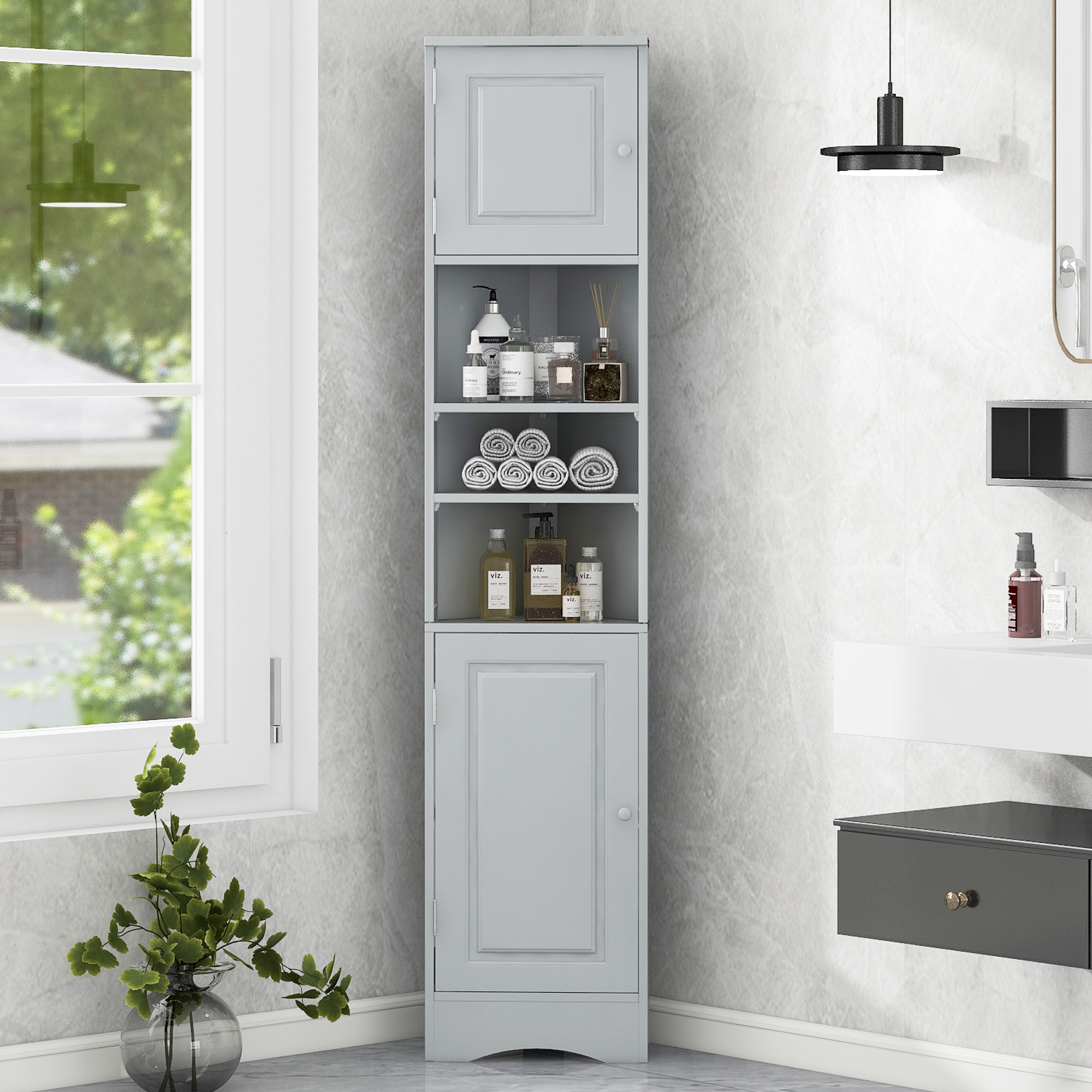 Multi-Functional Corner Cabinet Tall Bathroom Storage Cabinet With Two Doors And Adjustable Shelves, Open Shelf, Grey