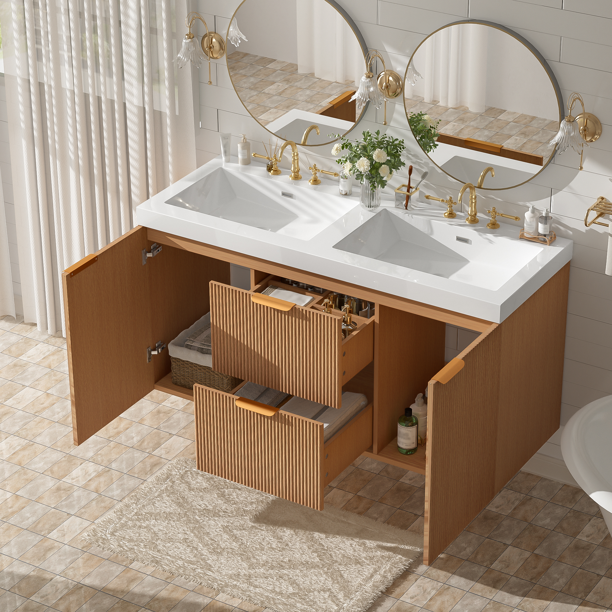 47.24 Inch Double Sink Bathroom Vanity With SMC Top, MDF Cabinet, Soft Close Doors, Divided Drawers, Wall-Mounted Modern Storage Vanity