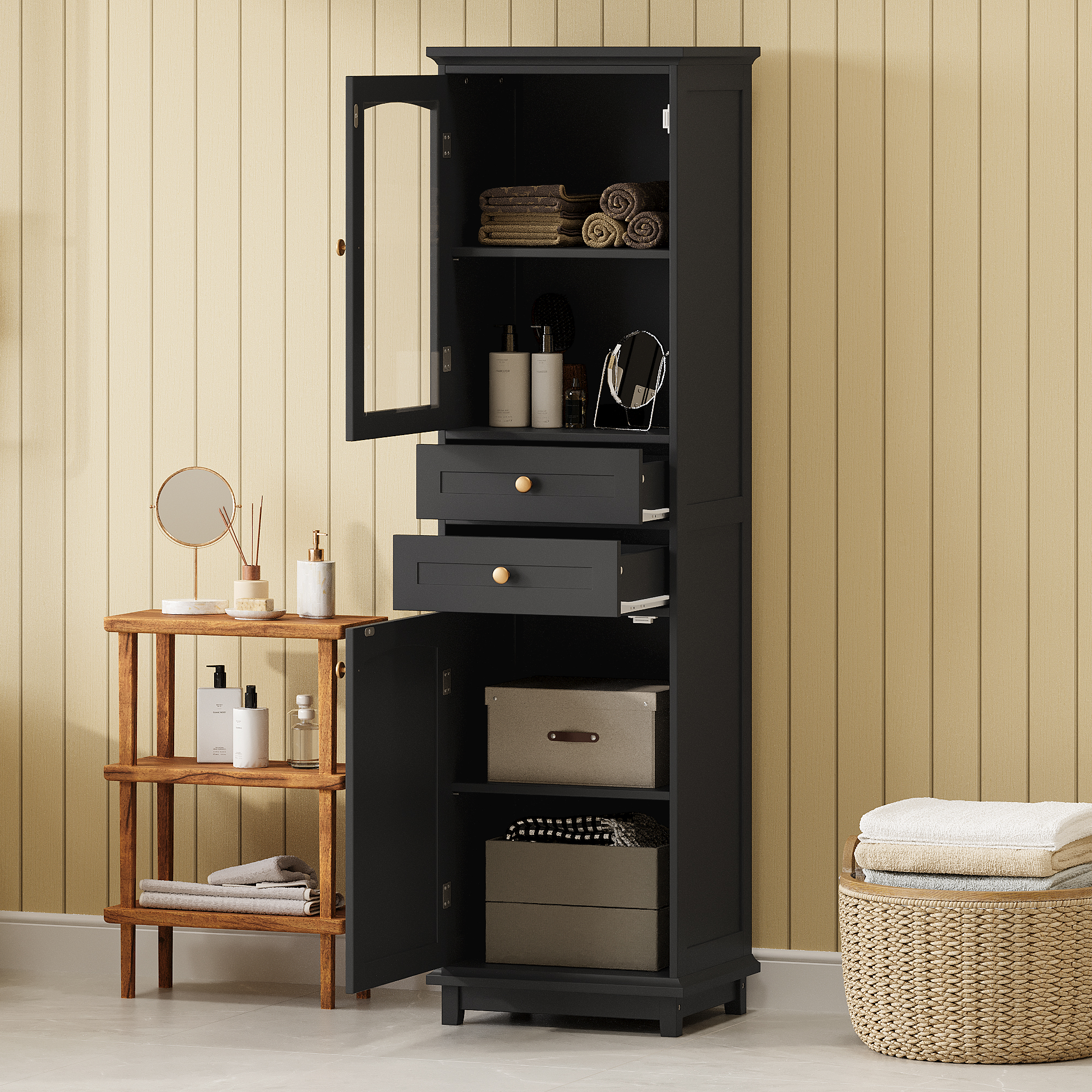 63 Tall Bathroom Storage Cabinet With Glass Doors, Free-Standing, Two Drawers, And Adjustable Shelves, MDF Board, Painted Black - Perfect For Displaying Your Favorite Items