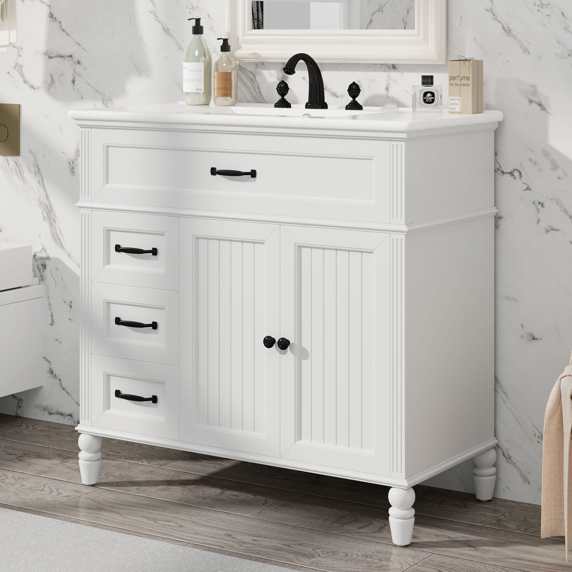 36 Bathroom Vanity With Sink, Bathroom Cabinet With Drawers, Solid Frame And MDF Board, Two Packages, White Same