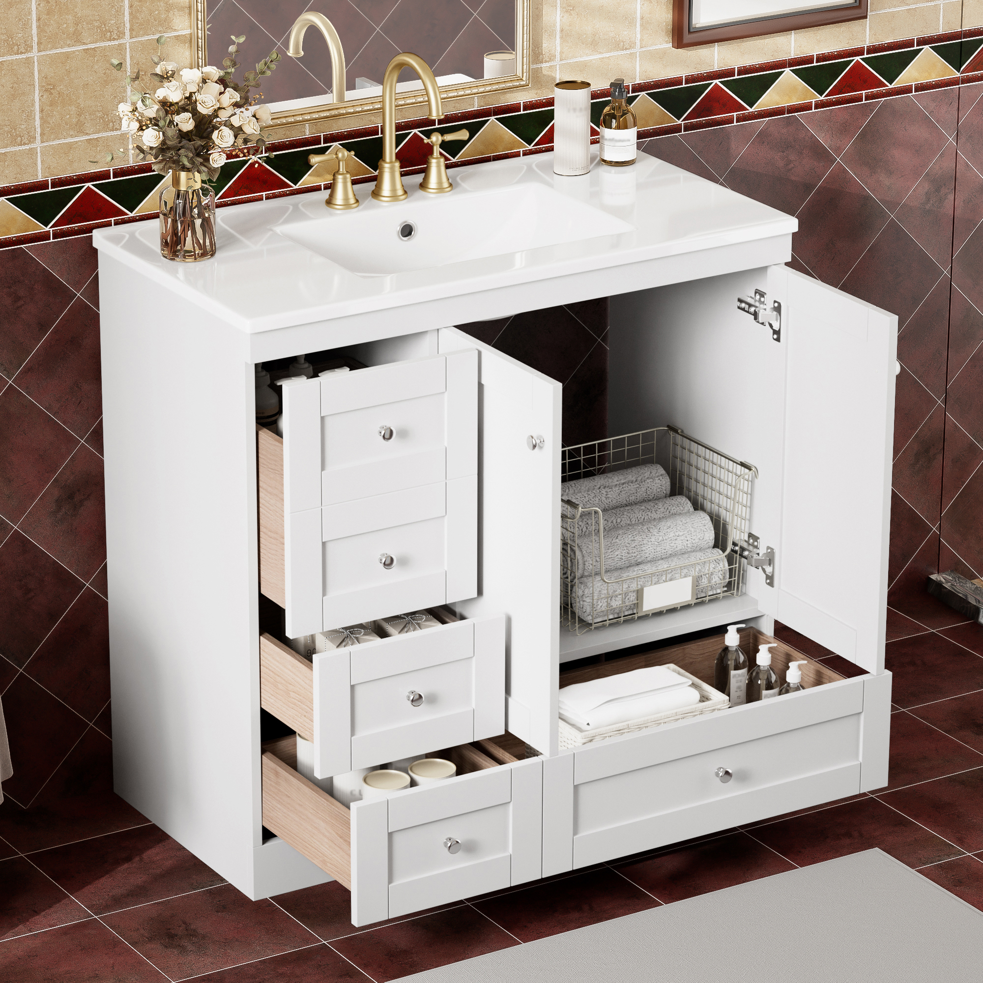 36 Inch Shaker Style Free-Standing Bathroom Vanity Cabinet With Ceramic Sink, 4 Soft-close Drawers And 2 Soft-close Doors