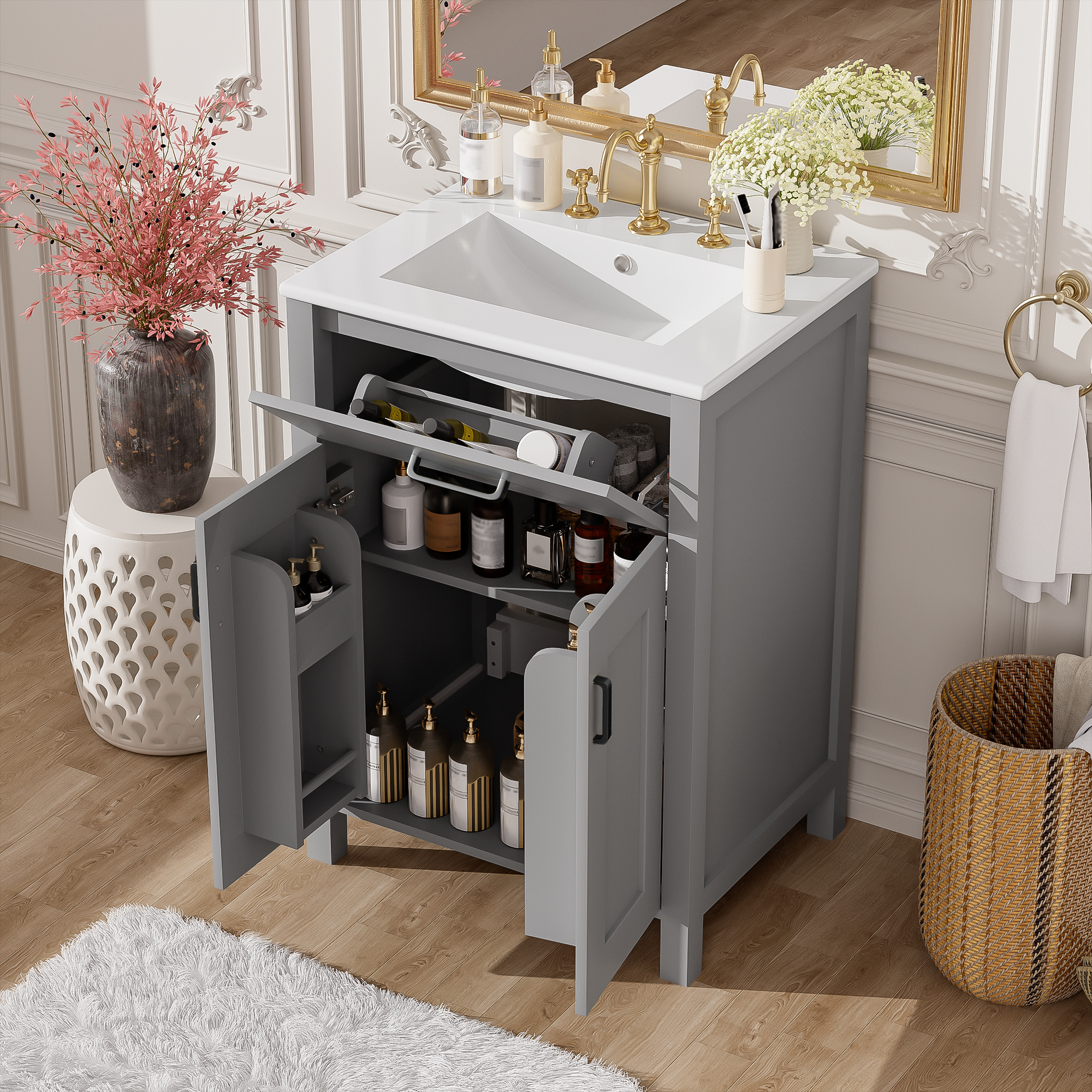 24 Bathroom Vanity Combo With Ceramic Sink, Luxurious Space-Saving Vanity - W24 XD18 XH34 Inch, 2 Soft Close Doors