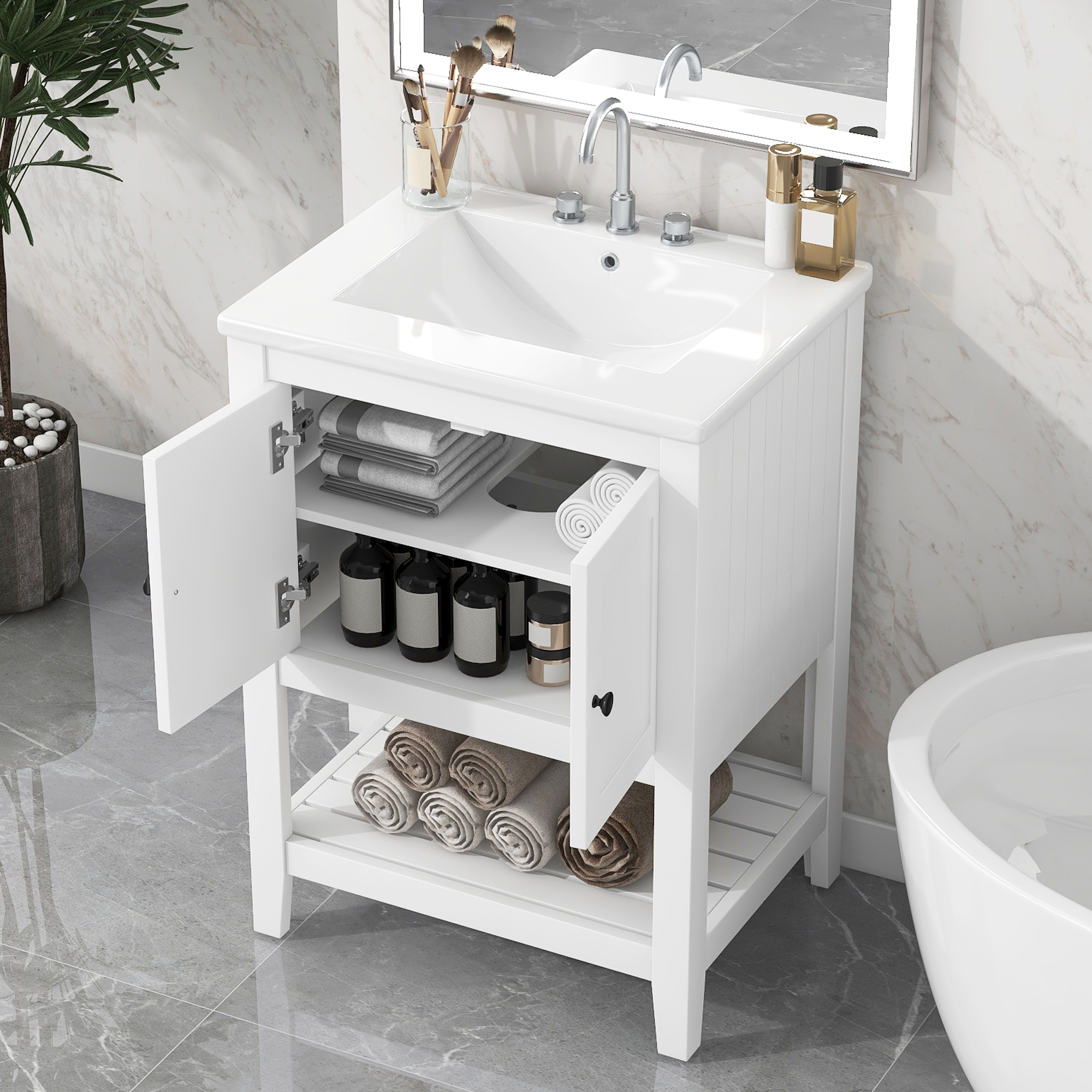 24 White Modern Sleek Bathroom Vanity Elegant Ceramic Sink With Solid Wood Frame Open Style Shelf