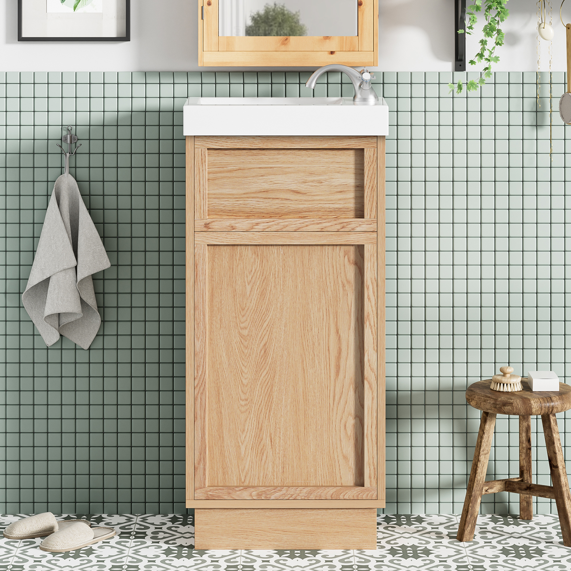 15.75 Bathroom Vanity With Reversible Resin Sink, MDF Cabinet With Adjustable Shelf And Push-to-Open Door, Wood Grain Melamine Finish, Reversible Door, Rustic Style For Small Spaces