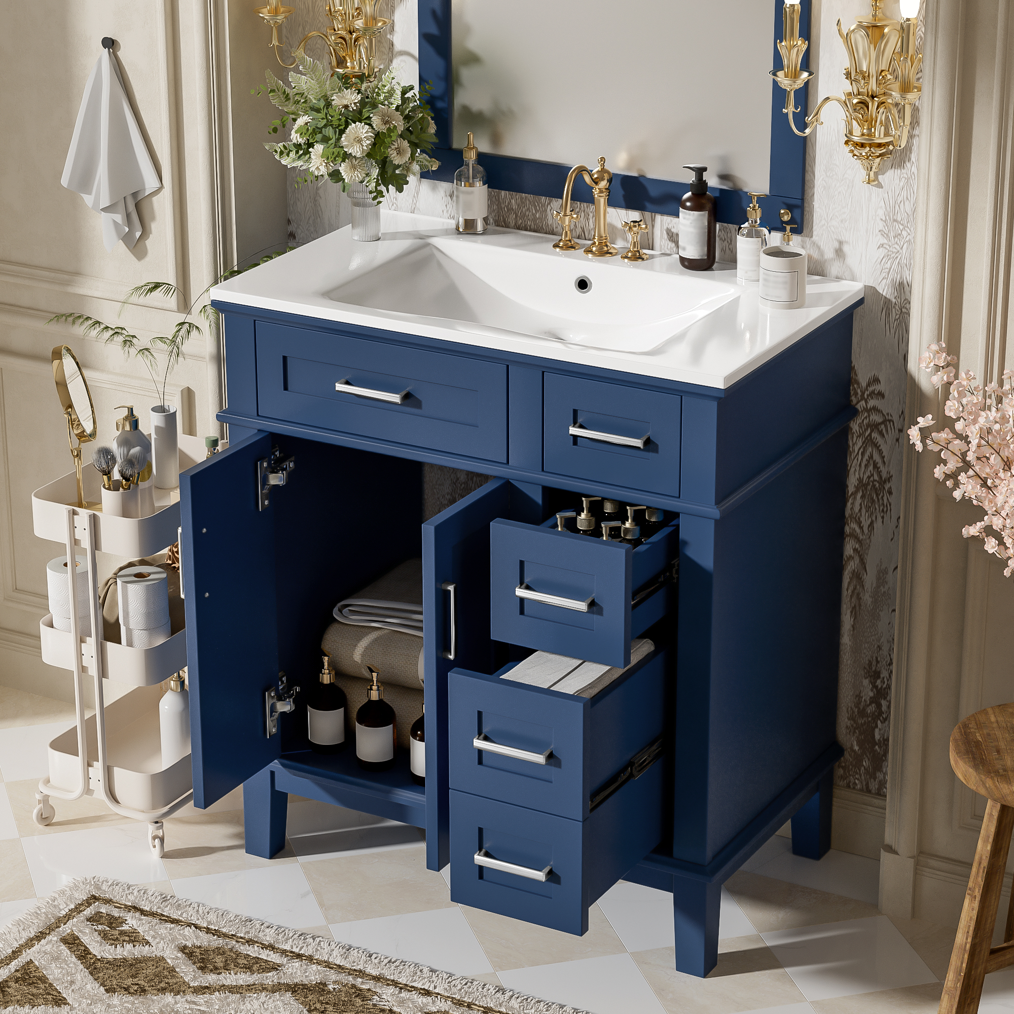 30  Bathroom Vanity With Ceramic Sink, Modern Storage Cabinet With Soft-Close Doors, Deep Drawer & Standard Drawer, Stylish Bath Vanity For Small Bathrooms