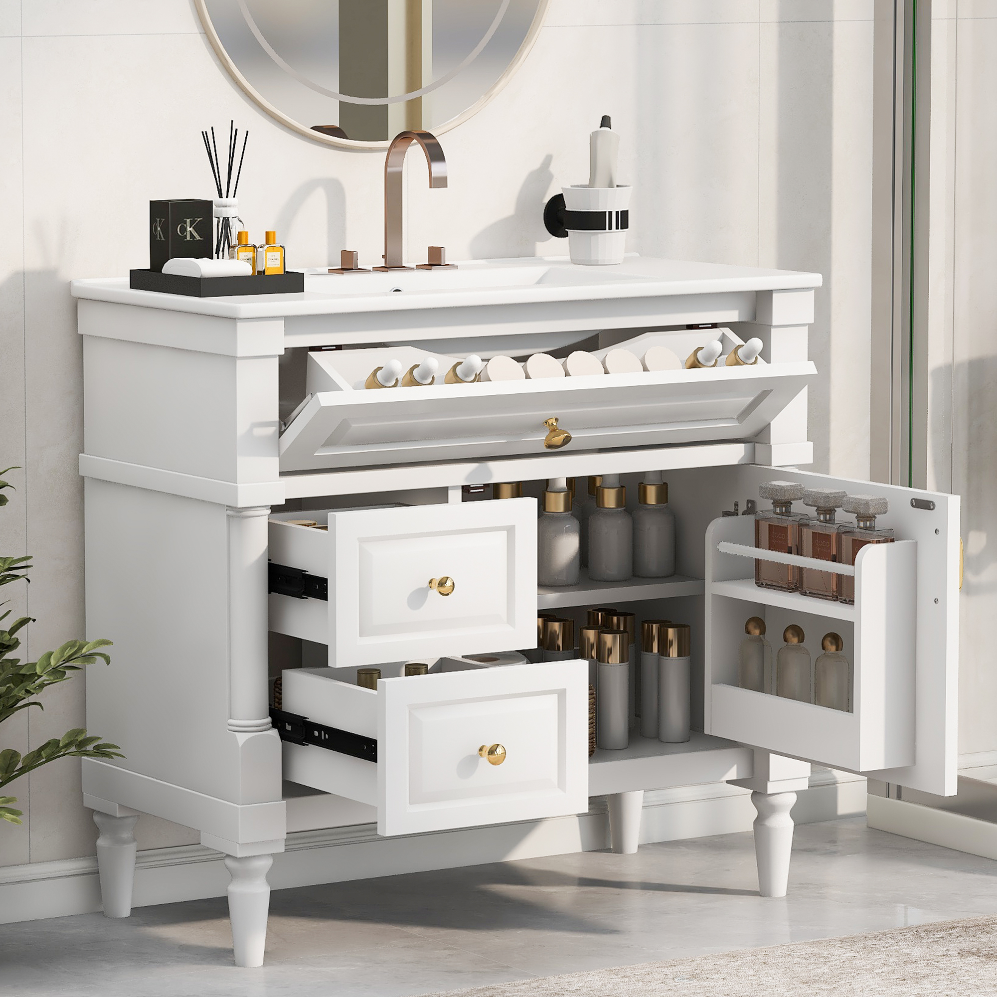 36  Bathroom Vanity With Sink, Freestanding Bathroom Cabinet With Ceramic Basin, Flip Drawer, Adjustable Shelf, Rubberwood Frame & MDF Panels, Metal Handles, White Painted Finish