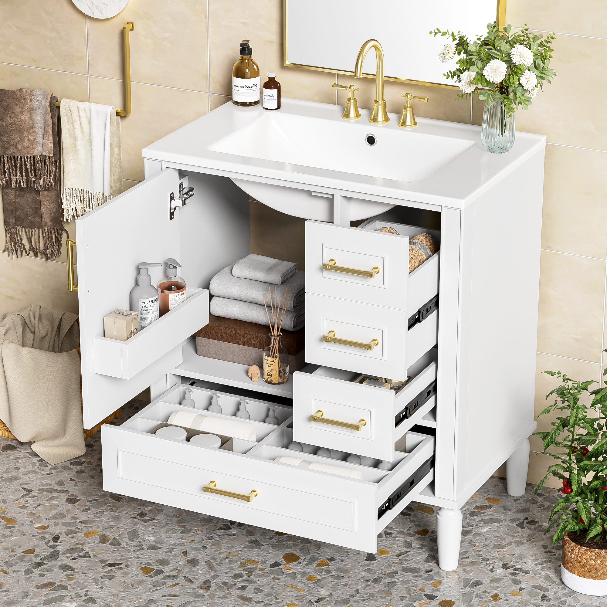 30 Bathroom Vanity With Ceramic Sink, Soft-Close Door With Built-in Shelf, Deep Drawer, Standard Drawer, Long Divider Drawer, Ample Storage Cabinet For Bathroom, Modern & Functional Design
