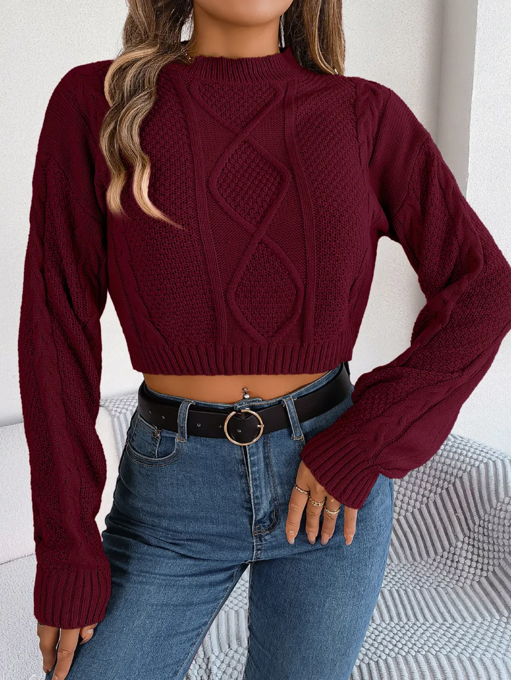 Women Casual Solid Colour Cable Knit Long Sleeve Cropped Pullover - Burgundy
