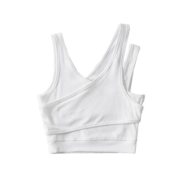 Solid False Two piece Diagonal Shoulder Strap Short Vest White - Shop at LoveMi