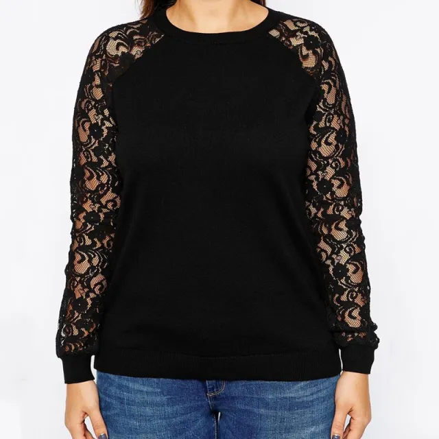 British Style Lace Sleeve Cotton Sweater T shirt Black - Shop at LoveMi