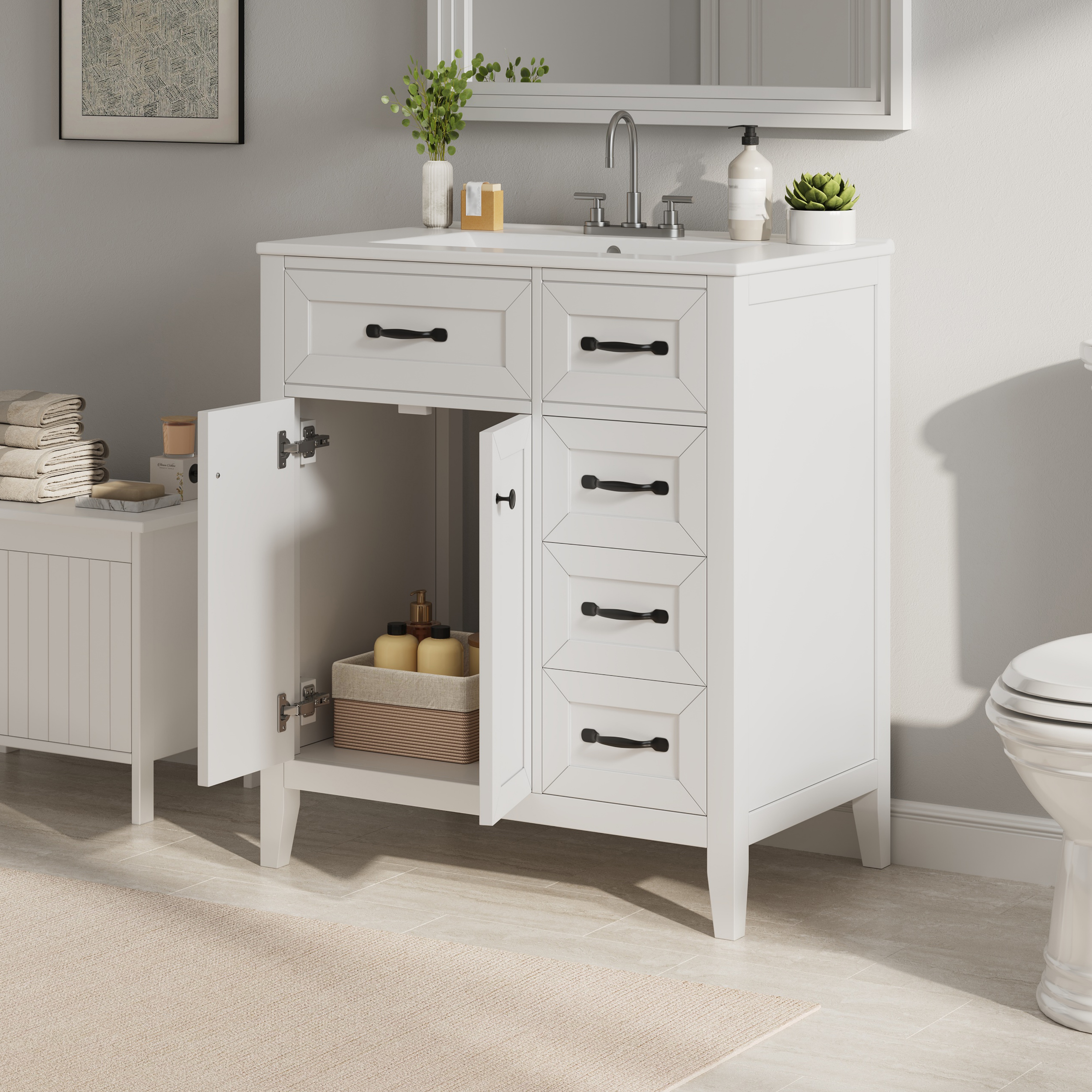 30 White Bathroom Vanity With Ceramic Sink, Freestanding Vanity With Black Metal Handles, Solid Wood Legs, Soft-Close Doors & Drawers, Ample Storage Other Size N725P246491K
