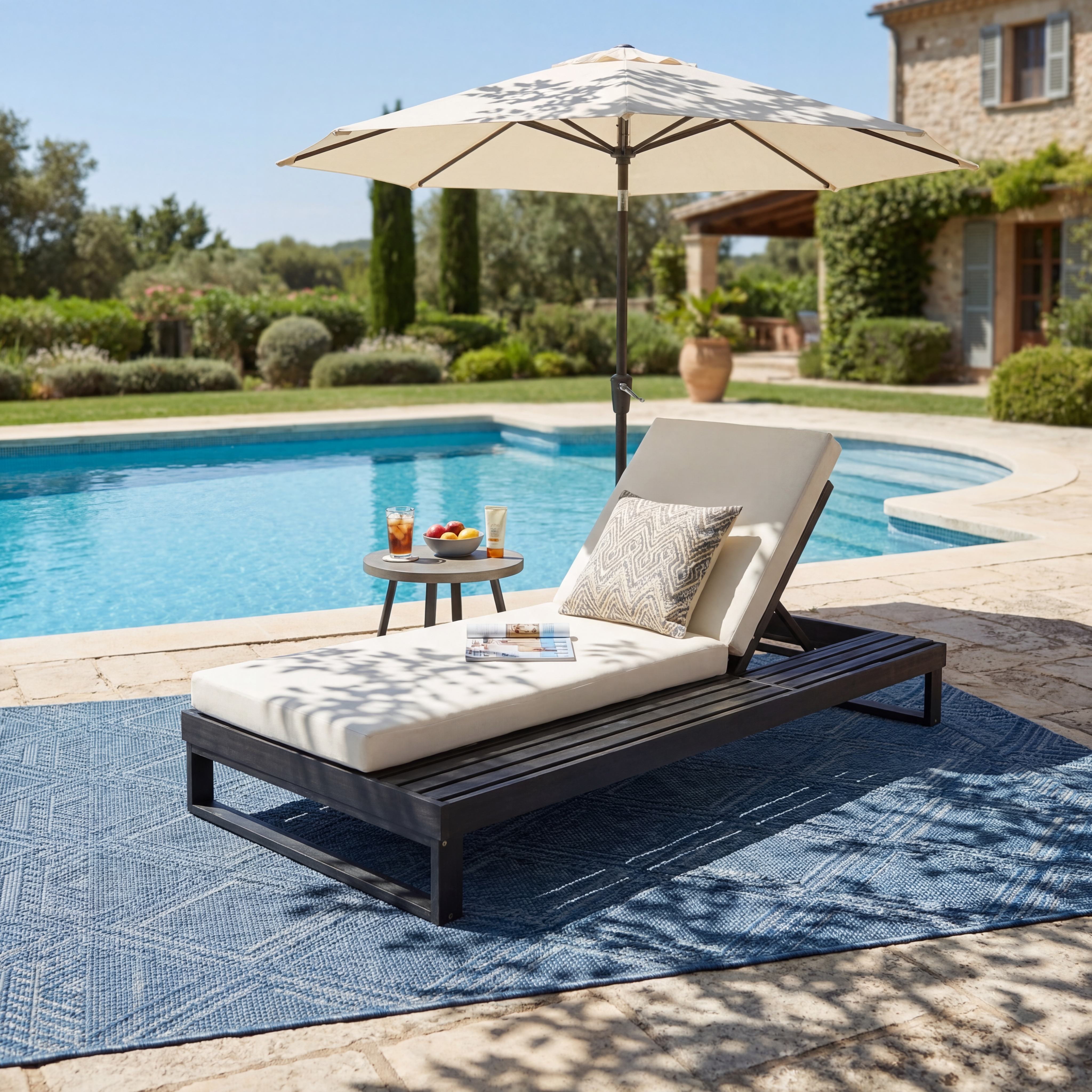 Black Acacia Wood Chaise Lounge With 4-Inch Cream 2-FoldCushion Set, 4-Position Adjustable Outdoor Patio Lounger With Flat Side Surface, For Poolside- Matching Dark Grey Version Available