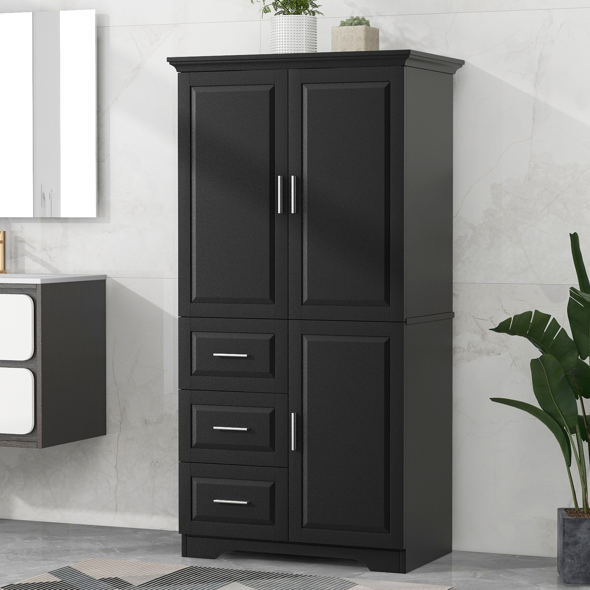 Tall And Wide Storage Cabinet With Doors For Bathroom Office, Three Drawers, Black Old SKU WF299285AAB