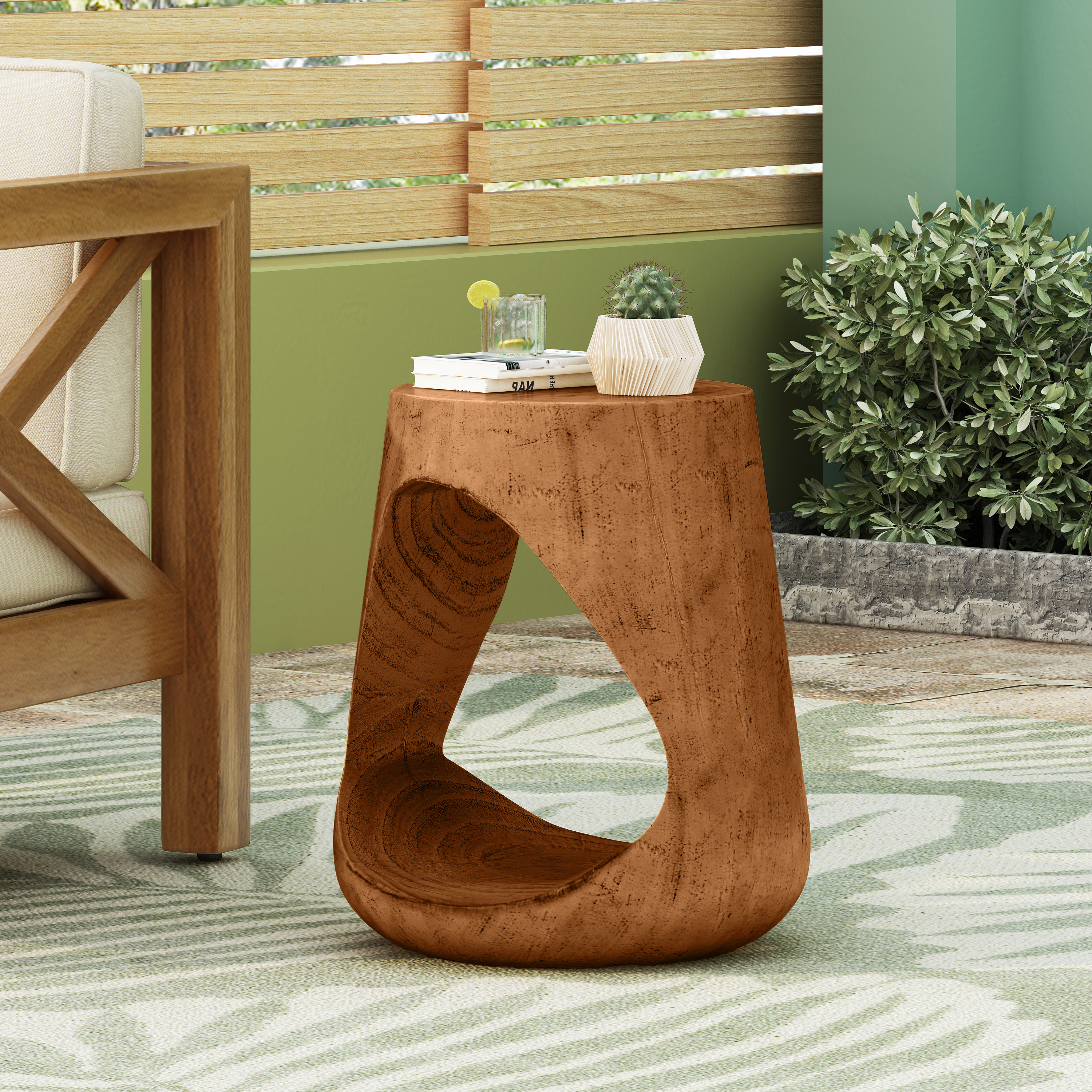 MGO Hollow Side Table, Wood-like Texture,antique Brown Color