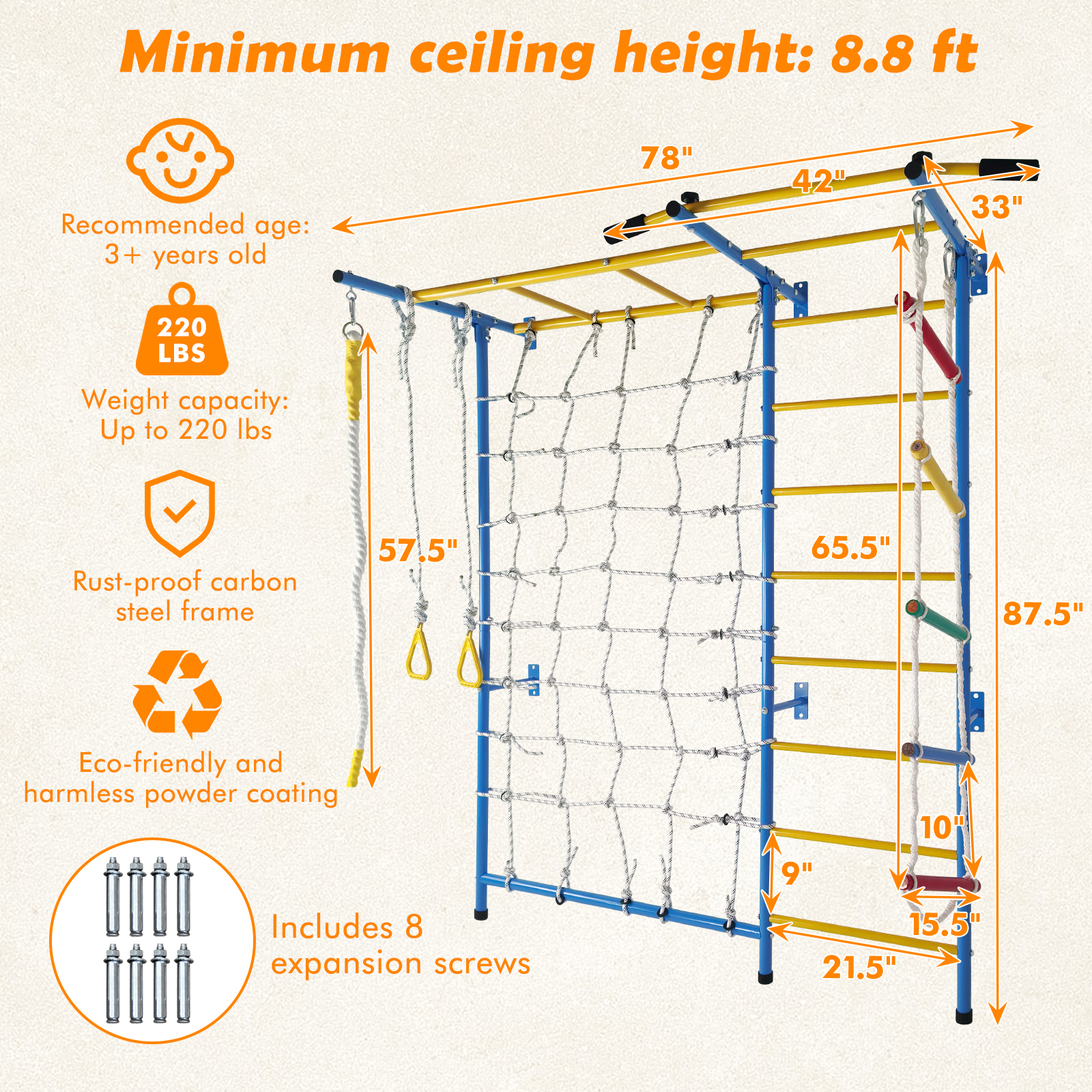 7 In 1 Indoor Playground Laddeer Wall Gym With Monkey Bars,Rope Ladder,Rope Wall, Pull-up Bar, Wall Ladder, Rope, And Gymnastic Rings 5